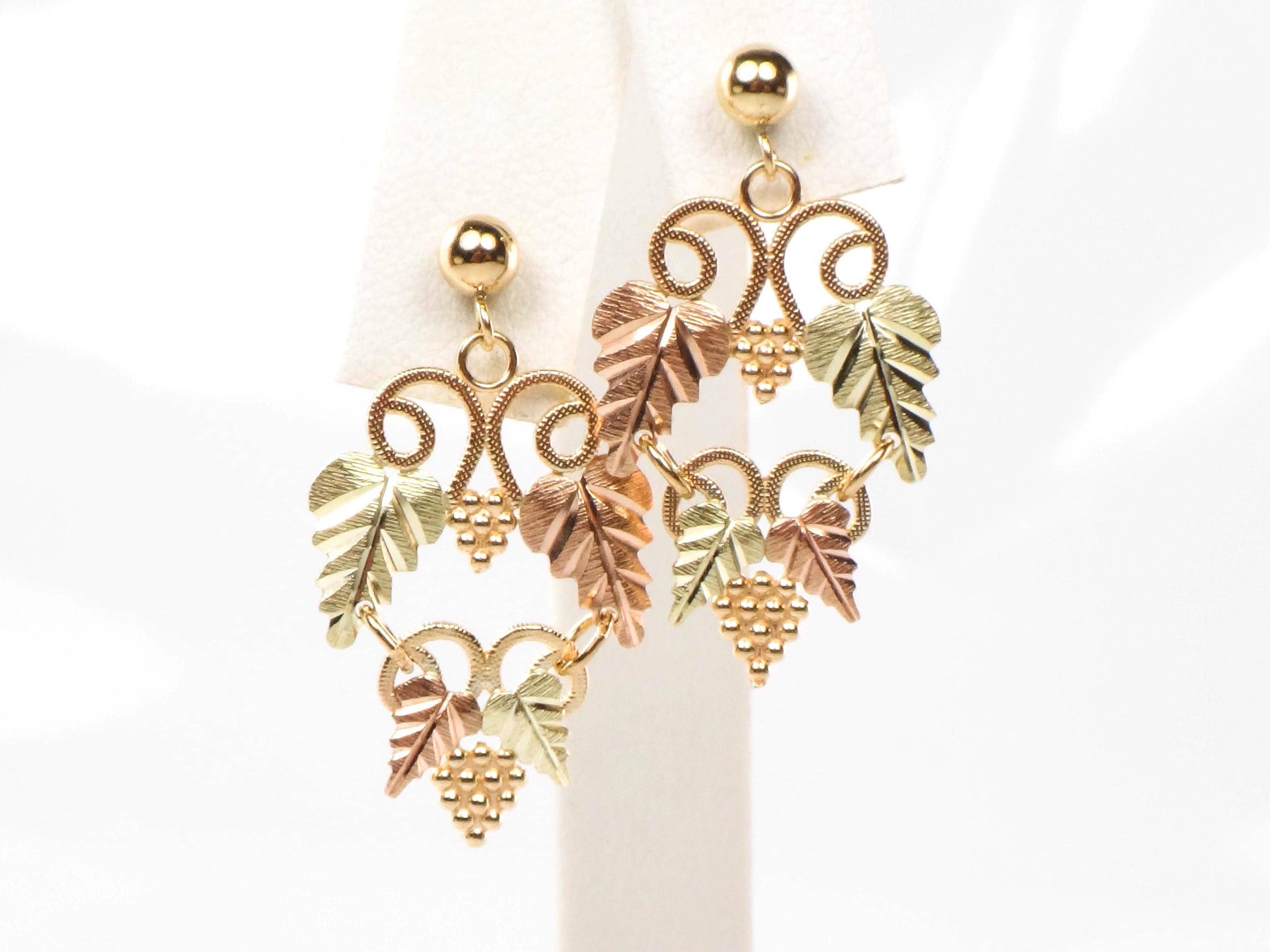 Vintage Black Hills Gold 10k and 14k Tri-Color Gold Grapes Dangle Earrings