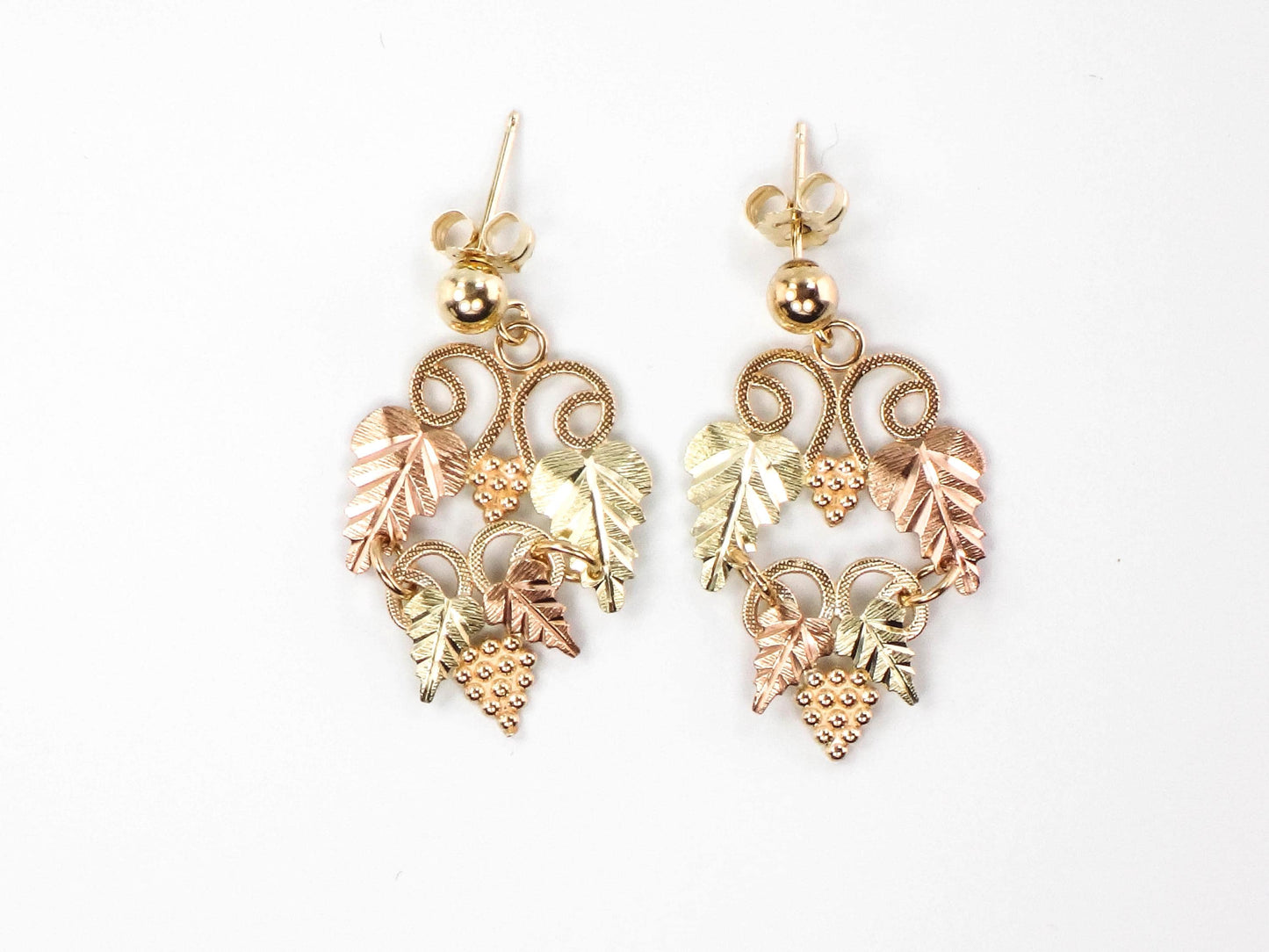 Vintage Black Hills Gold 10k and 14k Tri-Color Gold Grapes Dangle Earrings