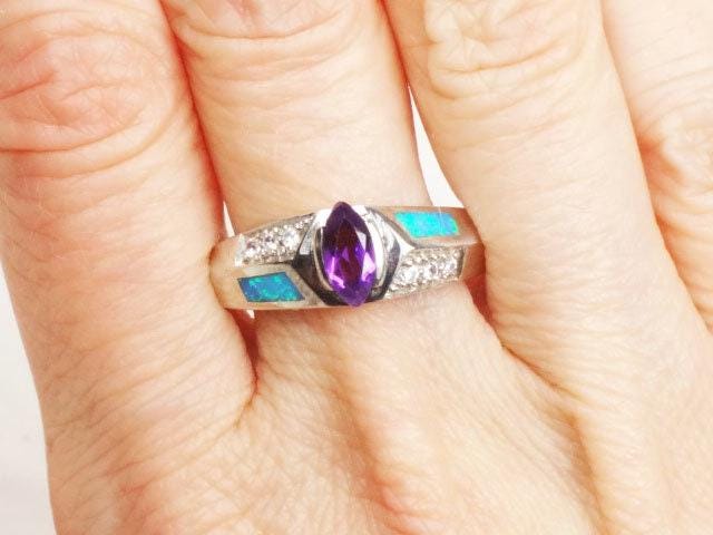 Vintage Sterling Silver Amethyst and Opal Ring: Purple February Birthstone, Size 10