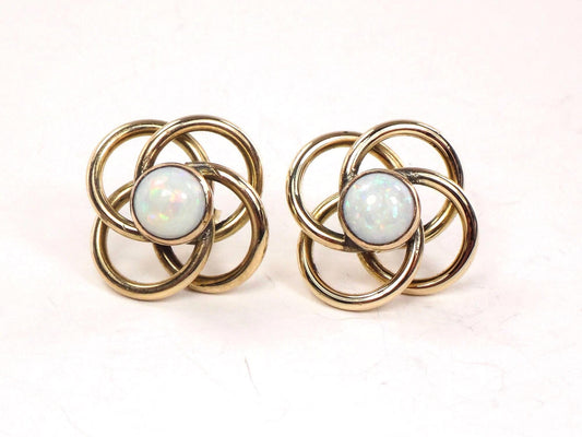 Vintage 14k Gold Natural Opal Love Knot Earrings - Yellow Gold Large Circle Stud Earrings
