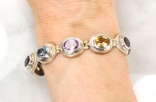 Sterling Silver and 14k Gold Multi-Color Stone Bracelet, Citrine Amethyst Topaz Garnet Natural Stone Mixed Metal Bracelet 7&quot;
