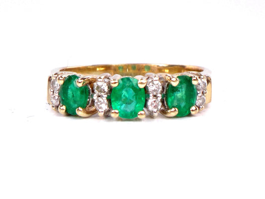 14k Genuine Emerald and Diamond Ring - Vintage Yellow Gold Three Stone Band - Size 5.25 - May Birthstone