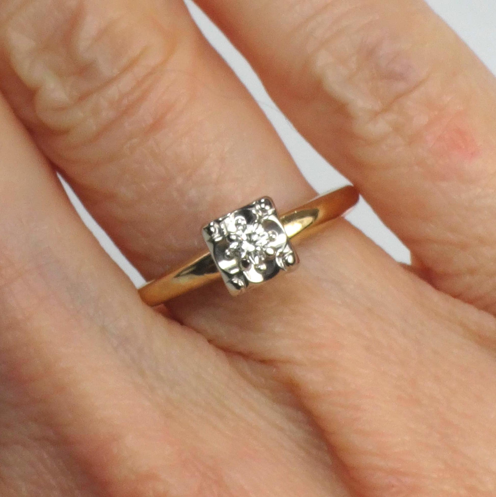 Vintage 14k Gold Round Natural Diamond Engagement Ring - Two Tone Orange Blossom Style - Size 5.75