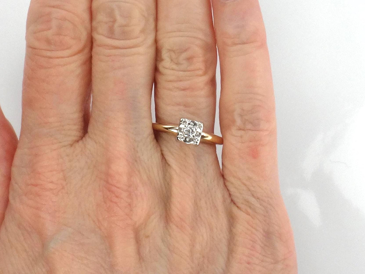 Vintage 14k Gold Round Natural Diamond Engagement Ring - Two Tone Orange Blossom Style - Size 5.75