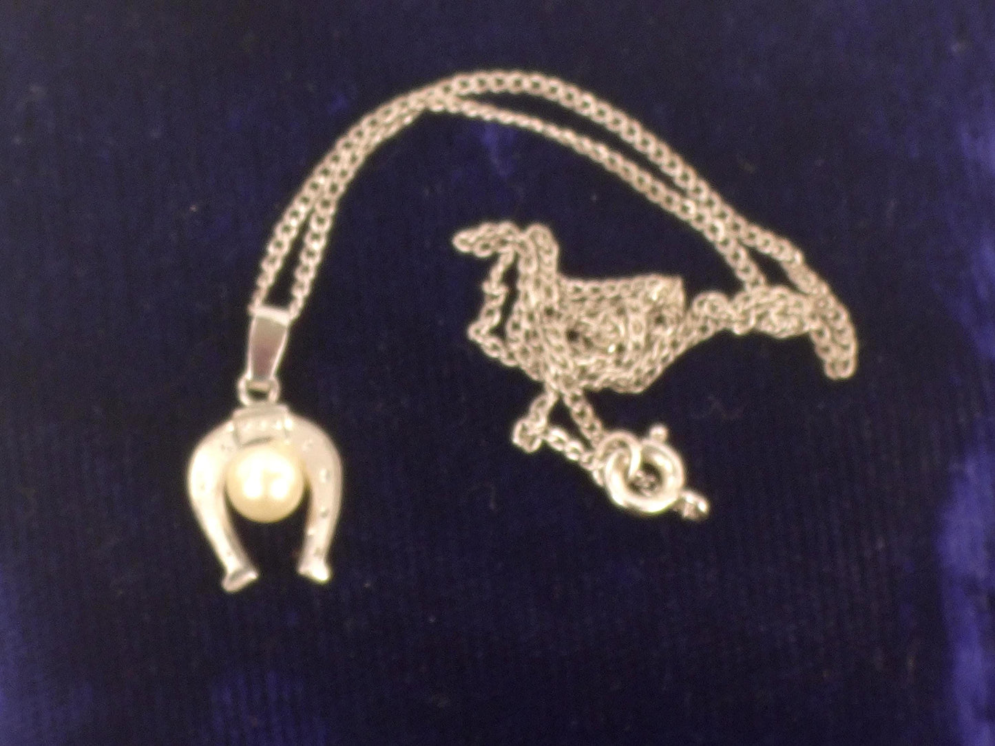 Vintage Sterling Silver Pearl Horseshoe Necklace - Good Luck Charm - 14.5" Chain - Choker Length