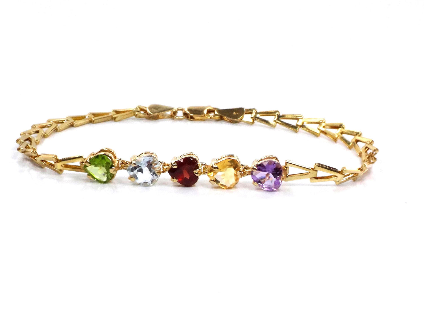 Vintage 14k Gold Multi-Color Stone Bracelet: Amethyst, Topaz, Garnet, Peridot, Citrine Heart Gemstones, 7 5/8"