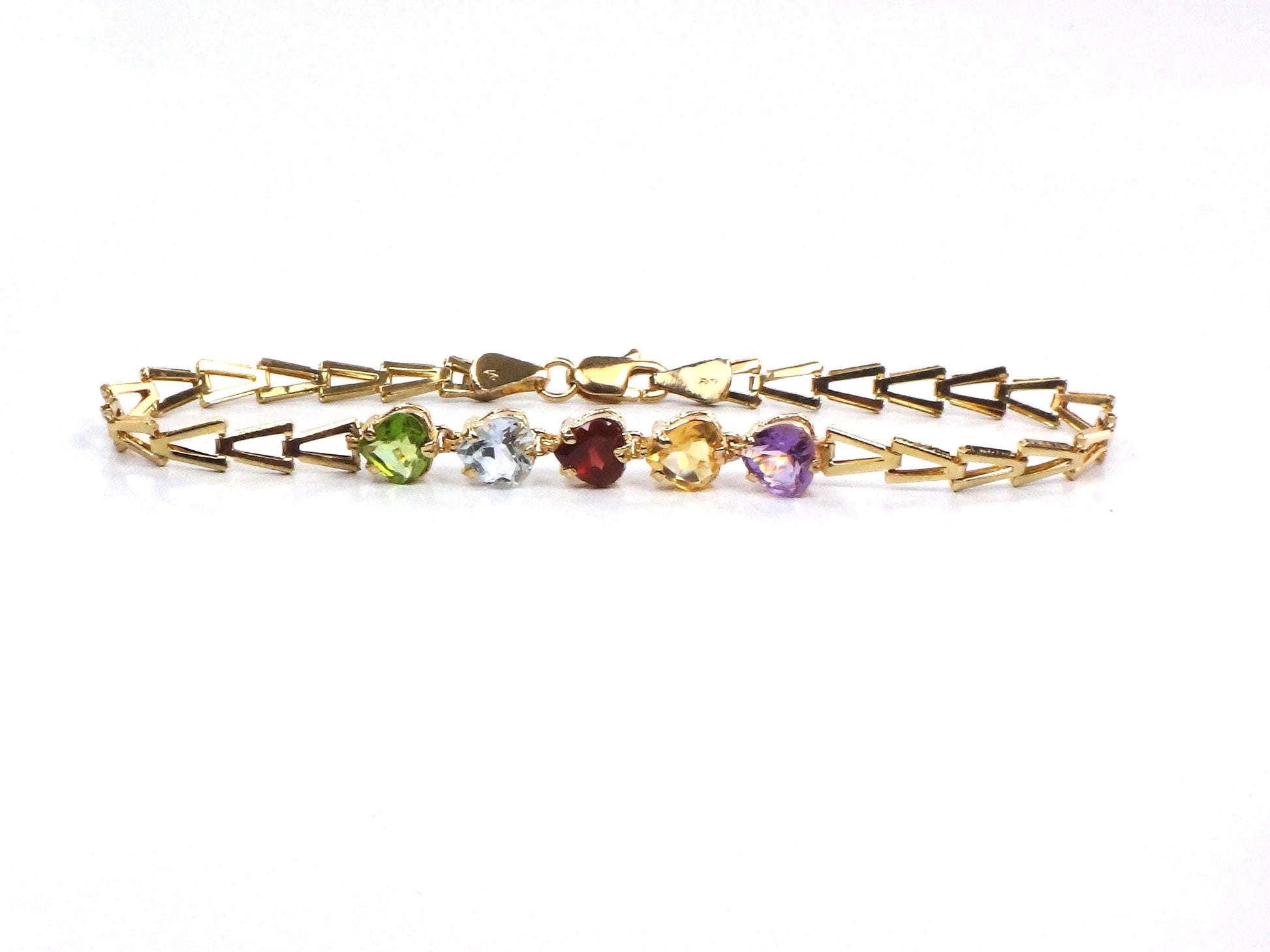 Vintage 14k Gold Multi-Color Stone Bracelet: Amethyst, Topaz, Garnet, Peridot, Citrine Heart Gemstones, 7 5/8"