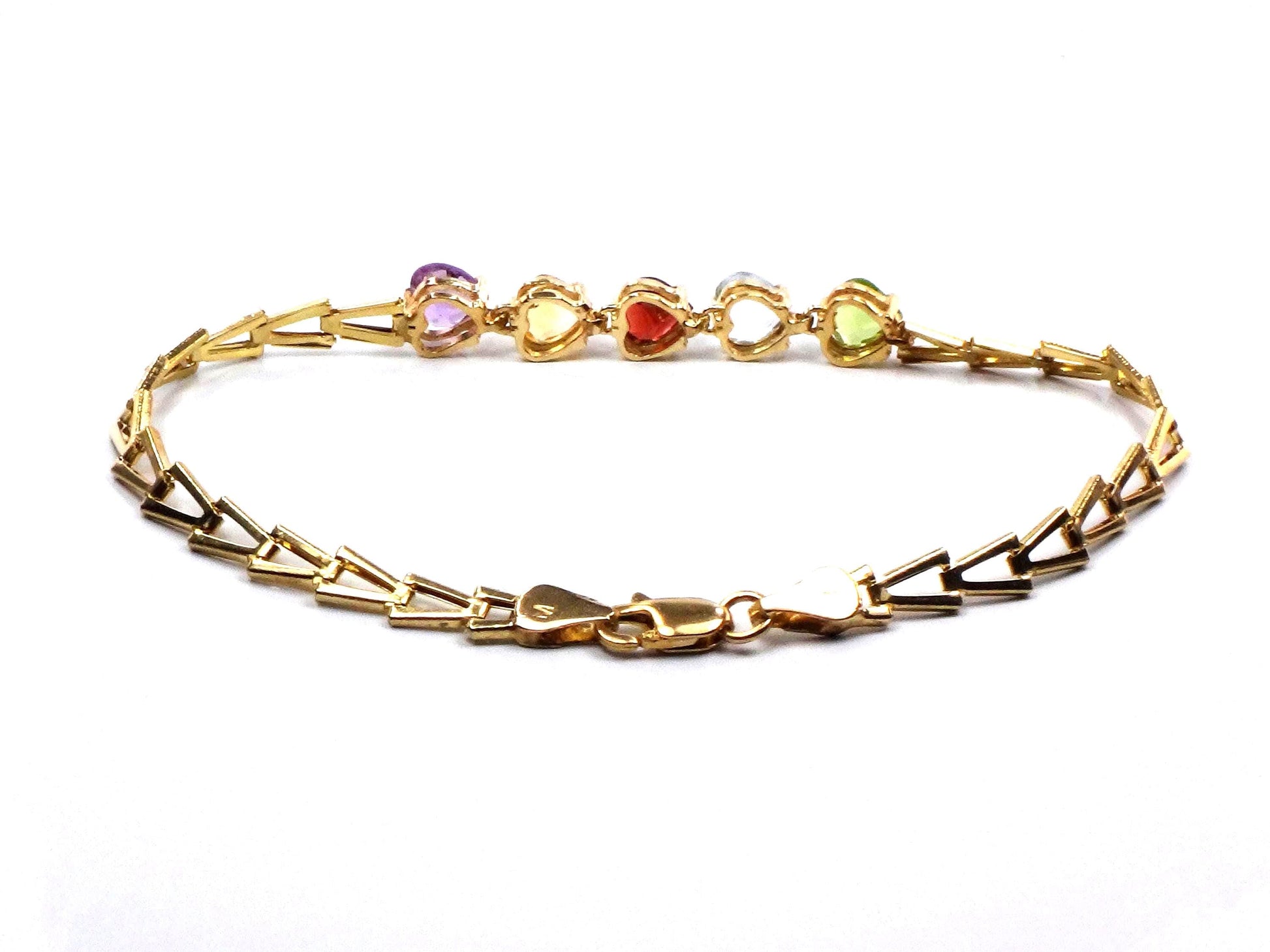 Vintage 14k Gold Multi-Color Stone Bracelet: Amethyst, Topaz, Garnet, Peridot, Citrine Heart Gemstones, 7 5/8"