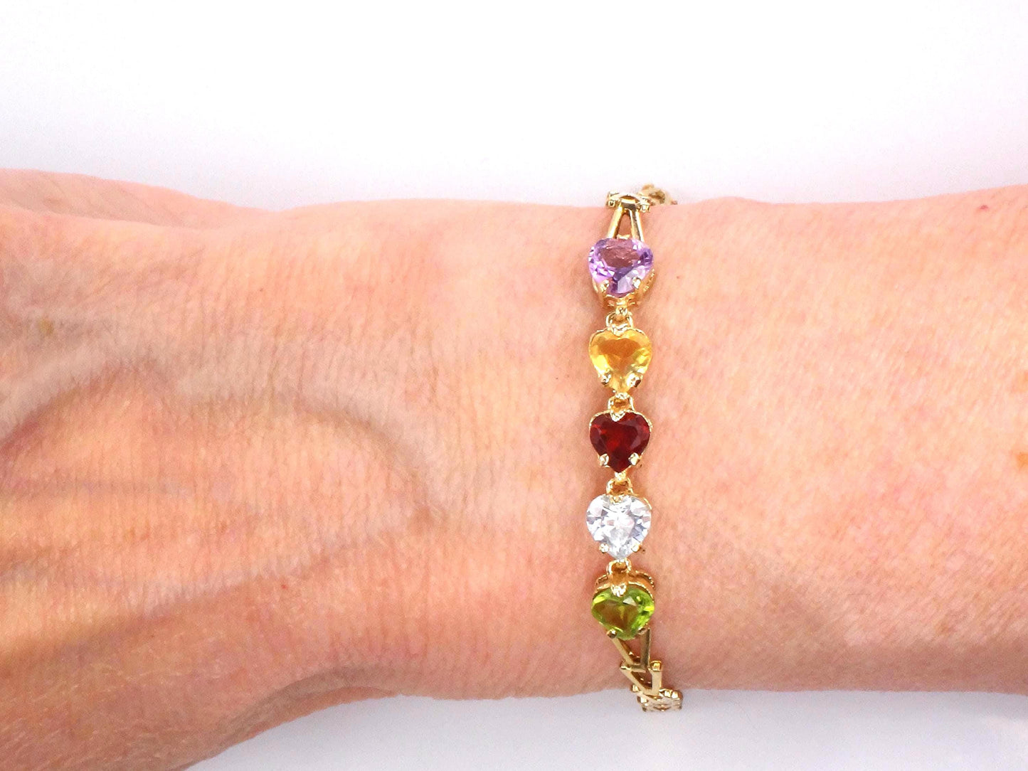 Vintage 14k Gold Multi-Color Stone Bracelet: Amethyst, Topaz, Garnet, Peridot, Citrine Heart Gemstones, 7 5/8"