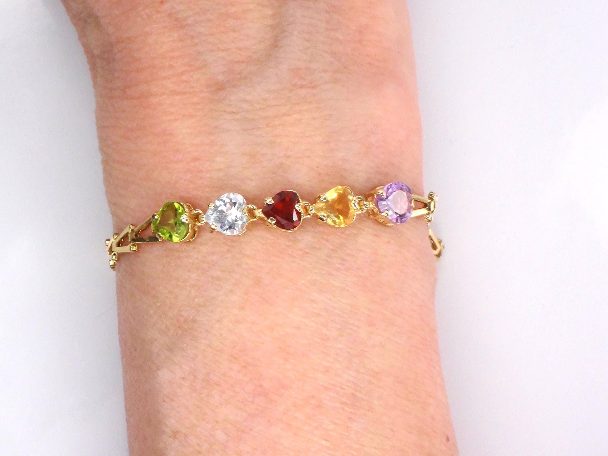 Vintage 14k Gold Multi-Color Stone Bracelet: Amethyst, Topaz, Garnet, Peridot, Citrine Heart Gemstones, 7 5/8"