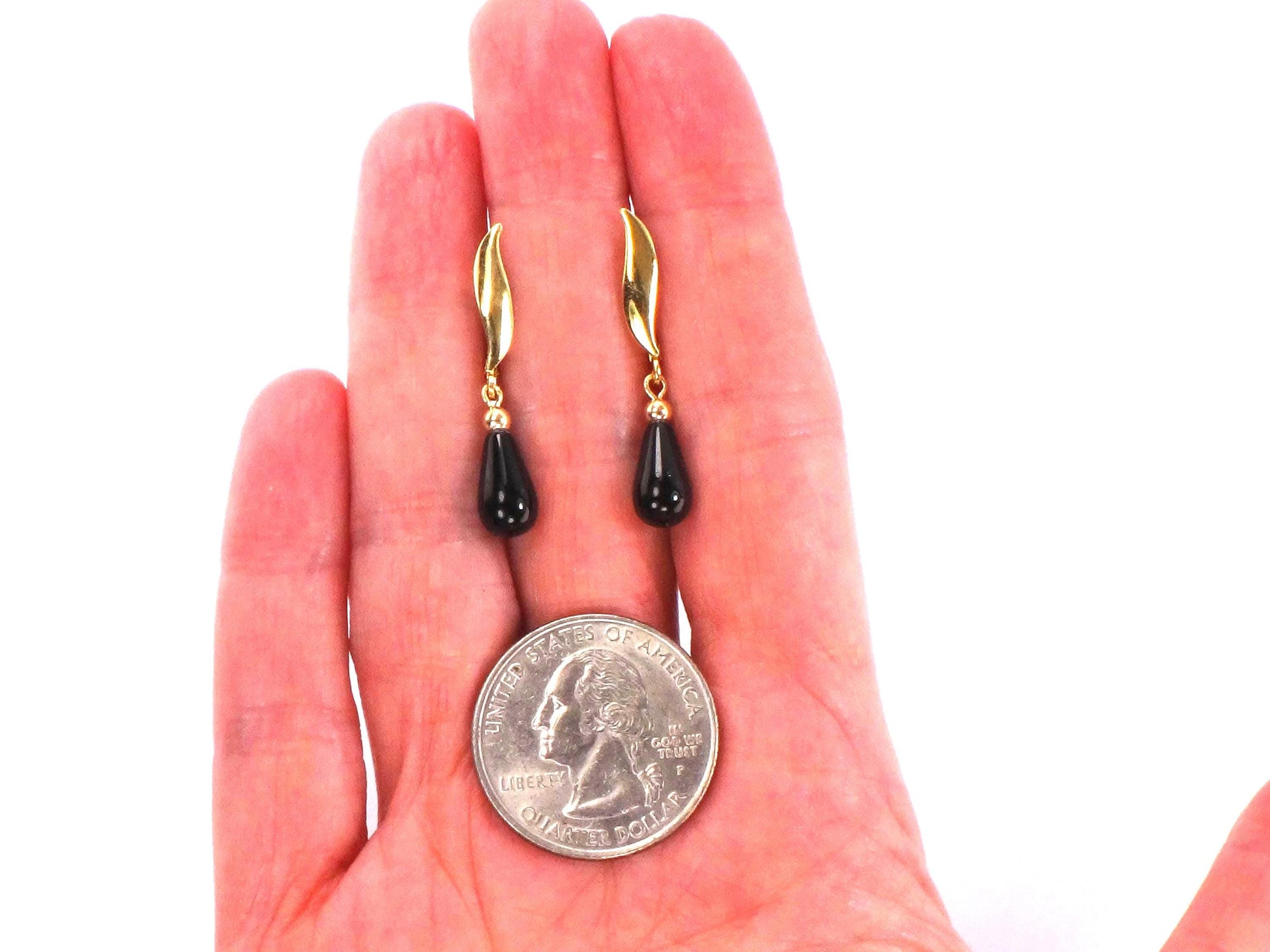 Vintage 14k Yellow Gold Black Glass Dangle Earrings: Teardrop Shape