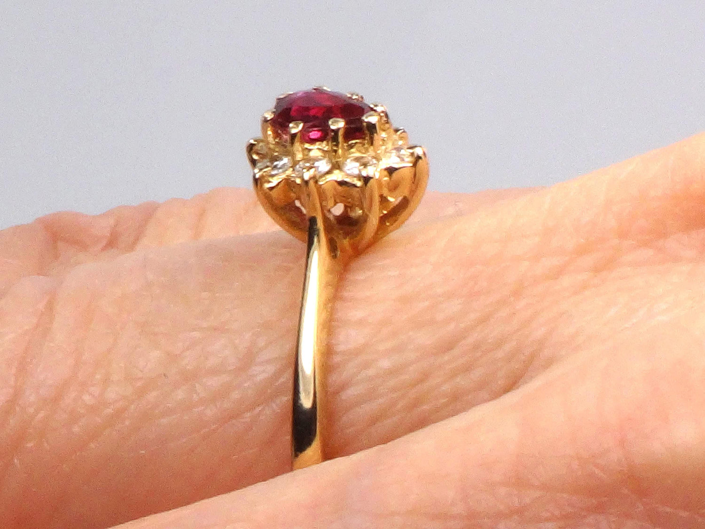 Vintage 14k Yellow Gold Natural Ruby Diamond Halo Ring: July Birthstone, Size 6.5
