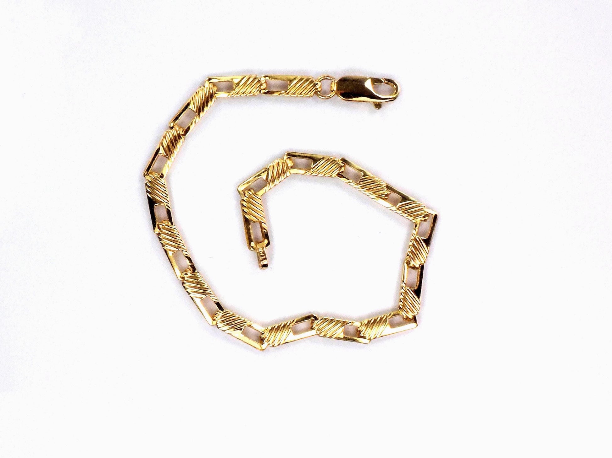 Vintage 14k Yellow Gold Ribbed Fancy Link Bracelet: 7", Italy