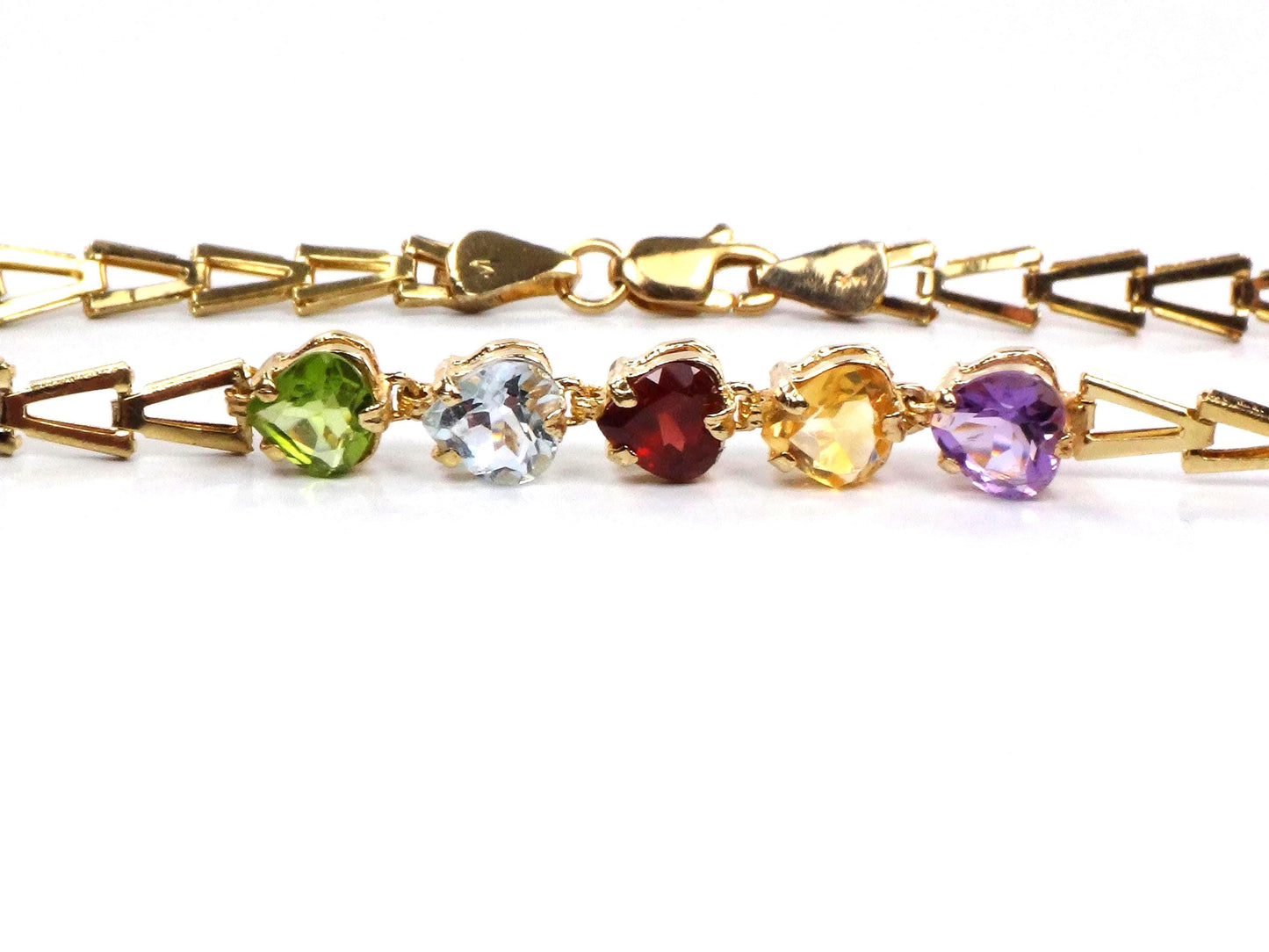 Vintage 14k Gold Multi-Color Stone Bracelet: Amethyst, Topaz, Garnet, Peridot, Citrine Heart Gemstones, 7 5/8"