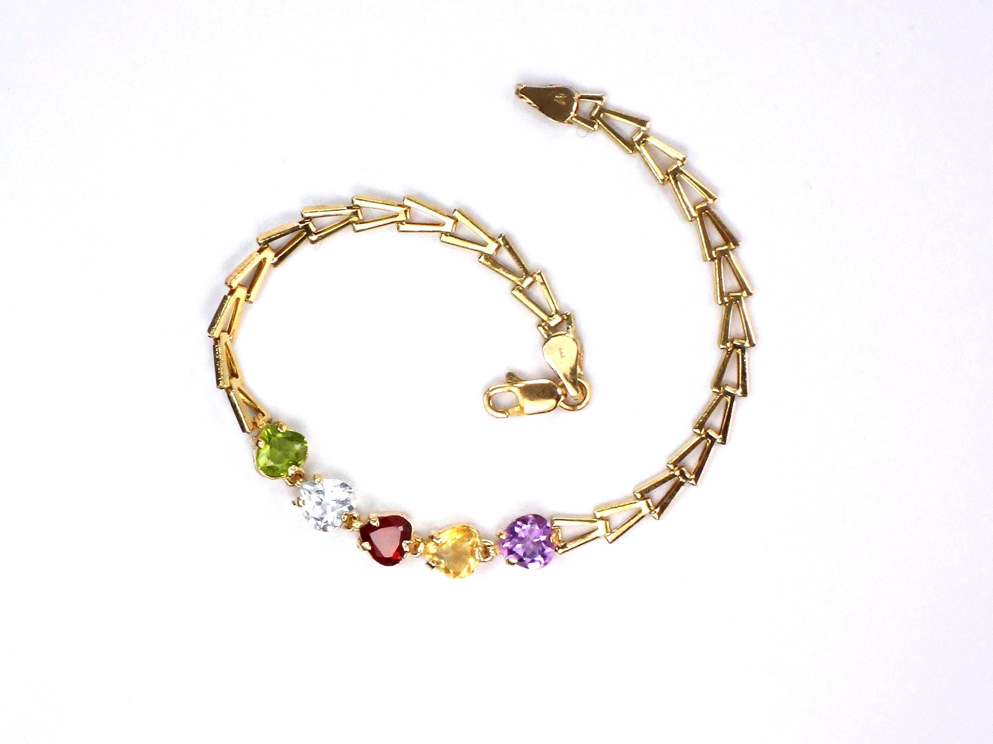 Vintage 14k Gold Multi-Color Stone Bracelet: Amethyst, Topaz, Garnet, Peridot, Citrine Heart Gemstones, 7 5/8"