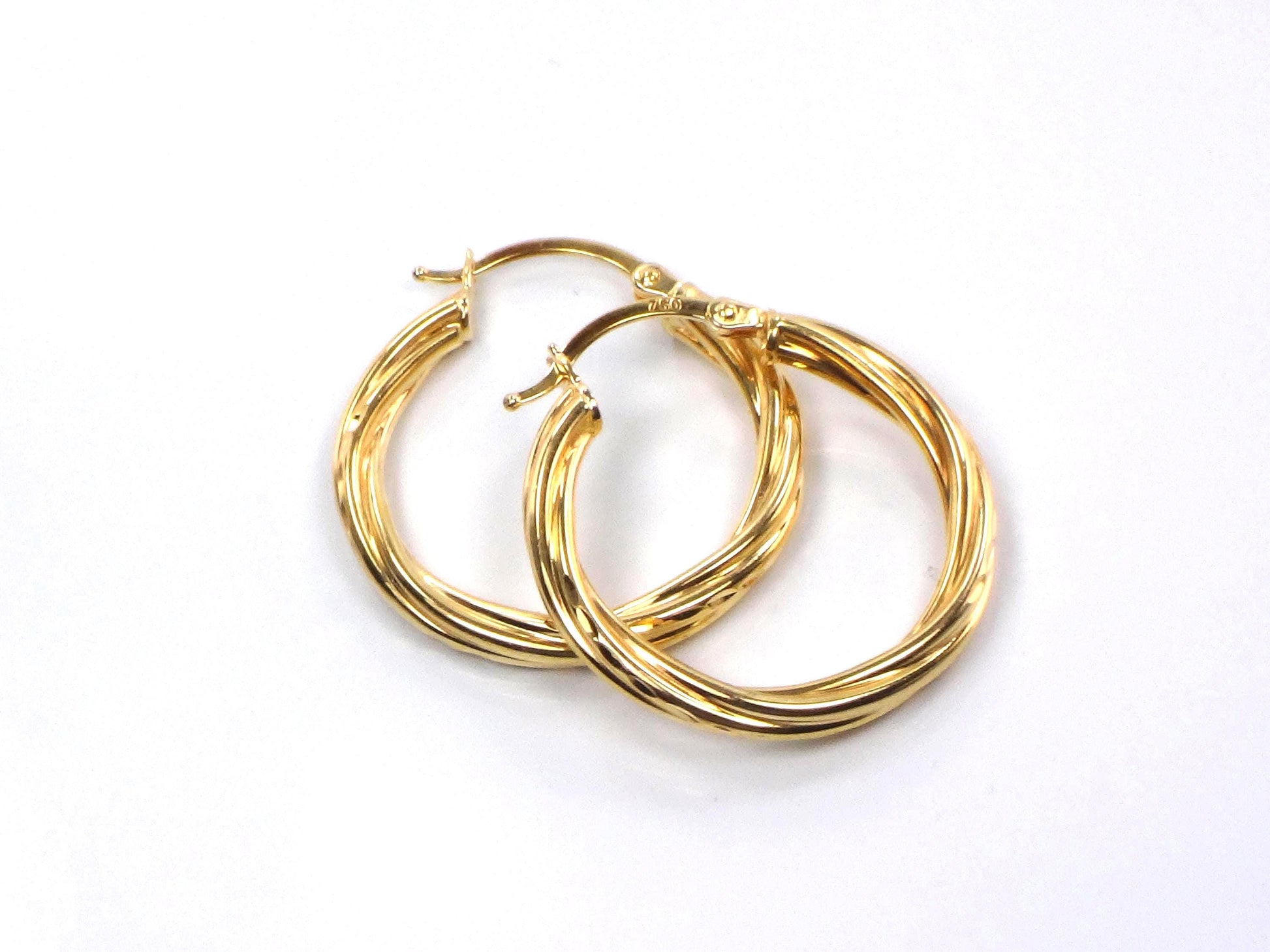 Vintage 18k Yellow Gold Twist Hoop Earrings 15/16", 3 mm