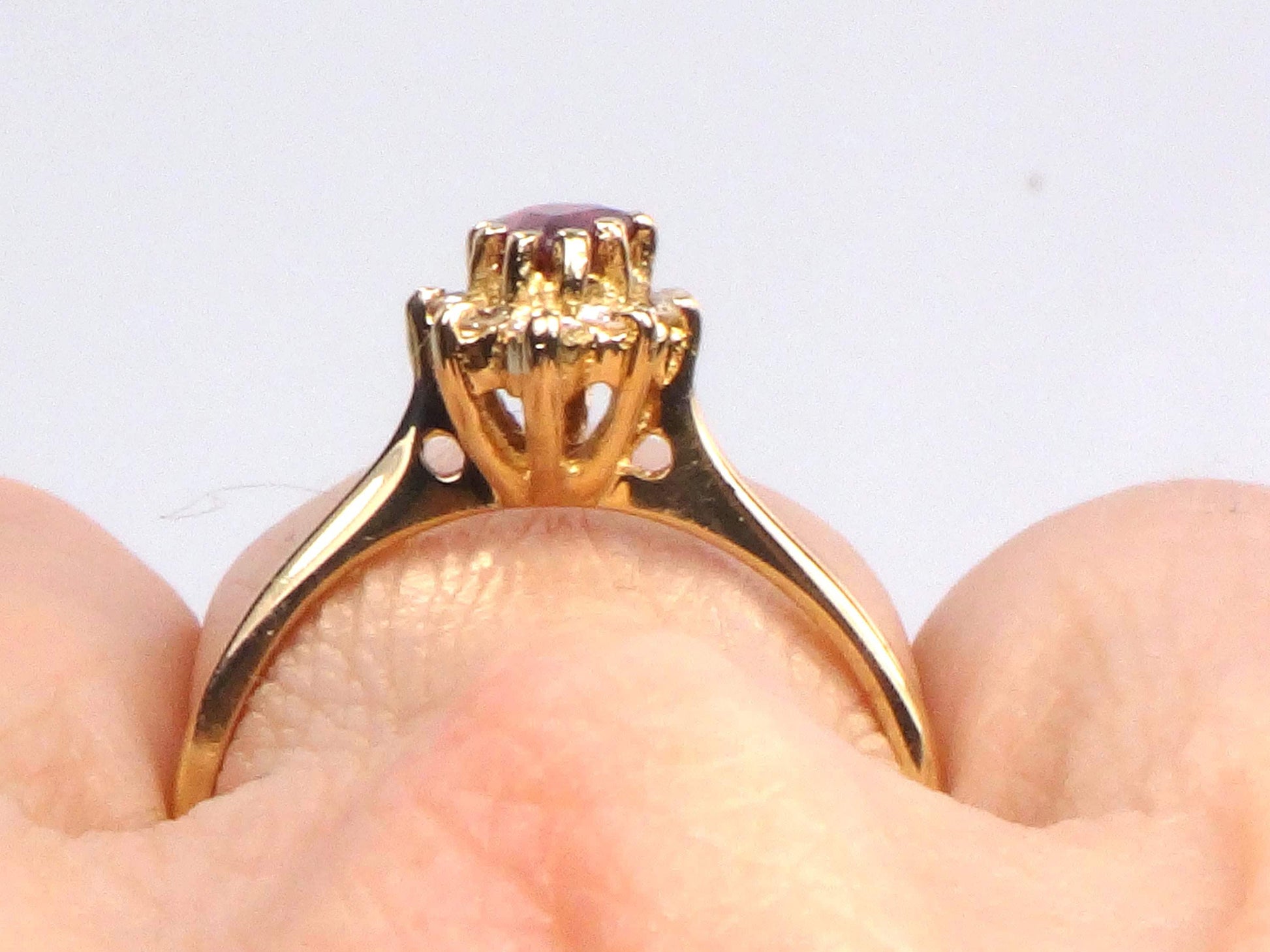 Vintage 14k Yellow Gold Natural Ruby Diamond Halo Ring: July Birthstone, Size 6.5