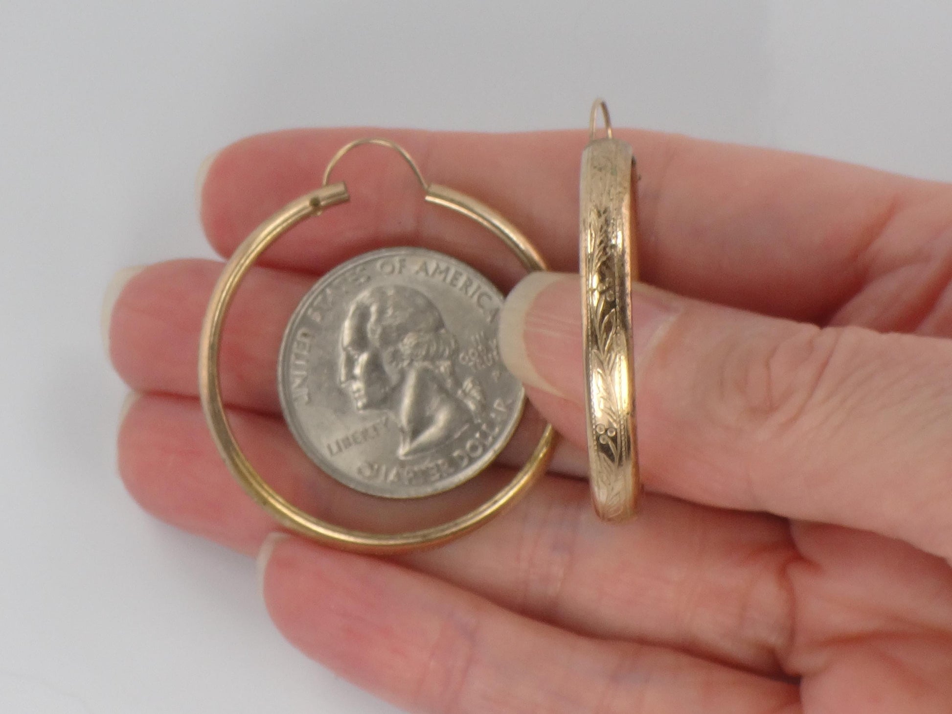Vintage Gold Tone Round Floral Etched Hoop Earrings, 1 3/8" Circa 1950s