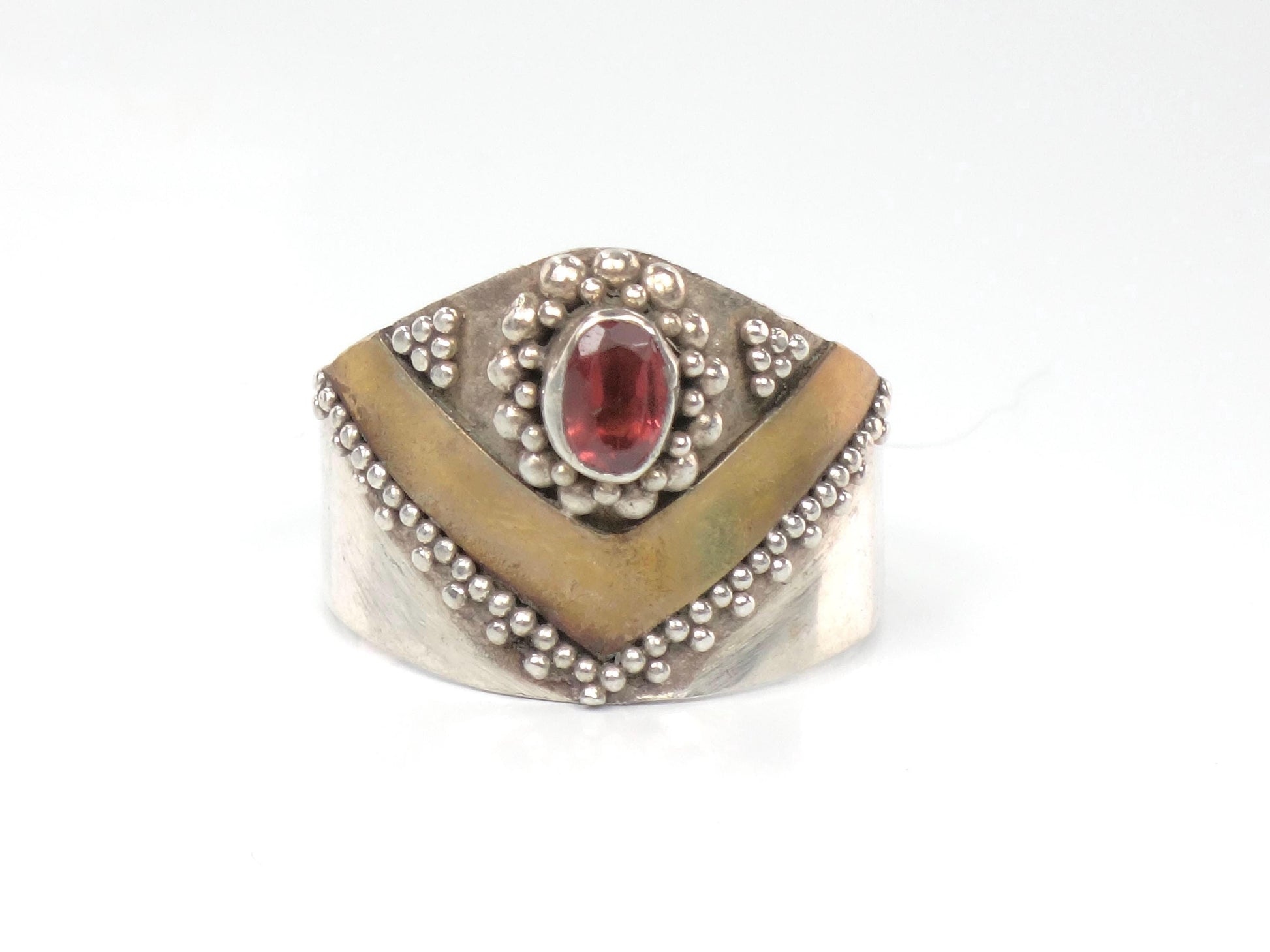 Vintage Sterling Silver Brass Garnet Ring: Bohemian Style, Size 6.5