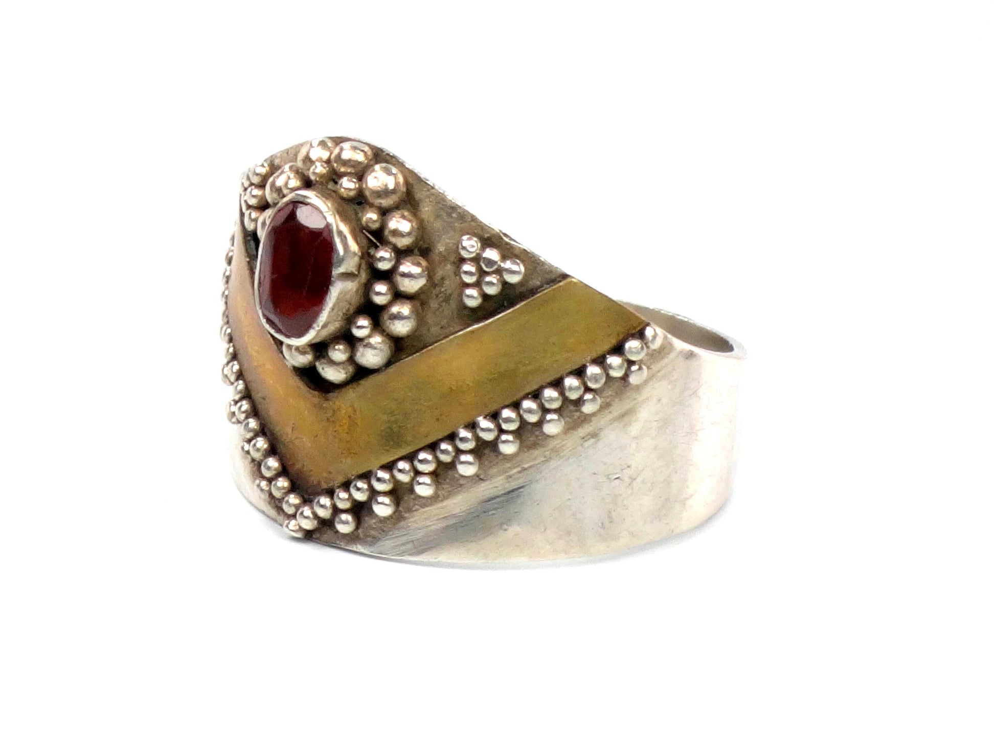 Vintage Sterling Silver Brass Garnet Ring: Bohemian Style, Size 6.5