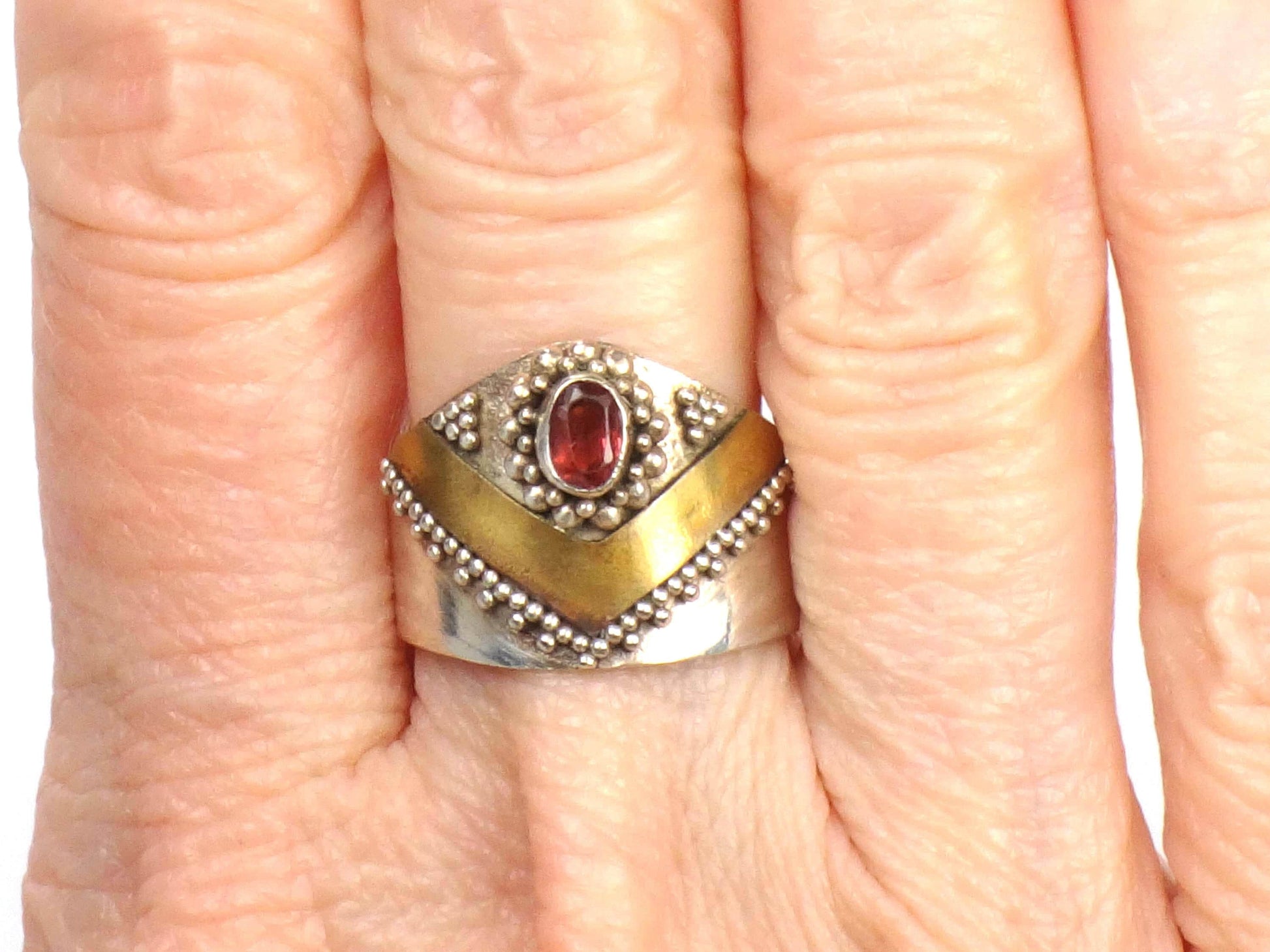 Vintage Sterling Silver Brass Garnet Ring: Bohemian Style, Size 6.5