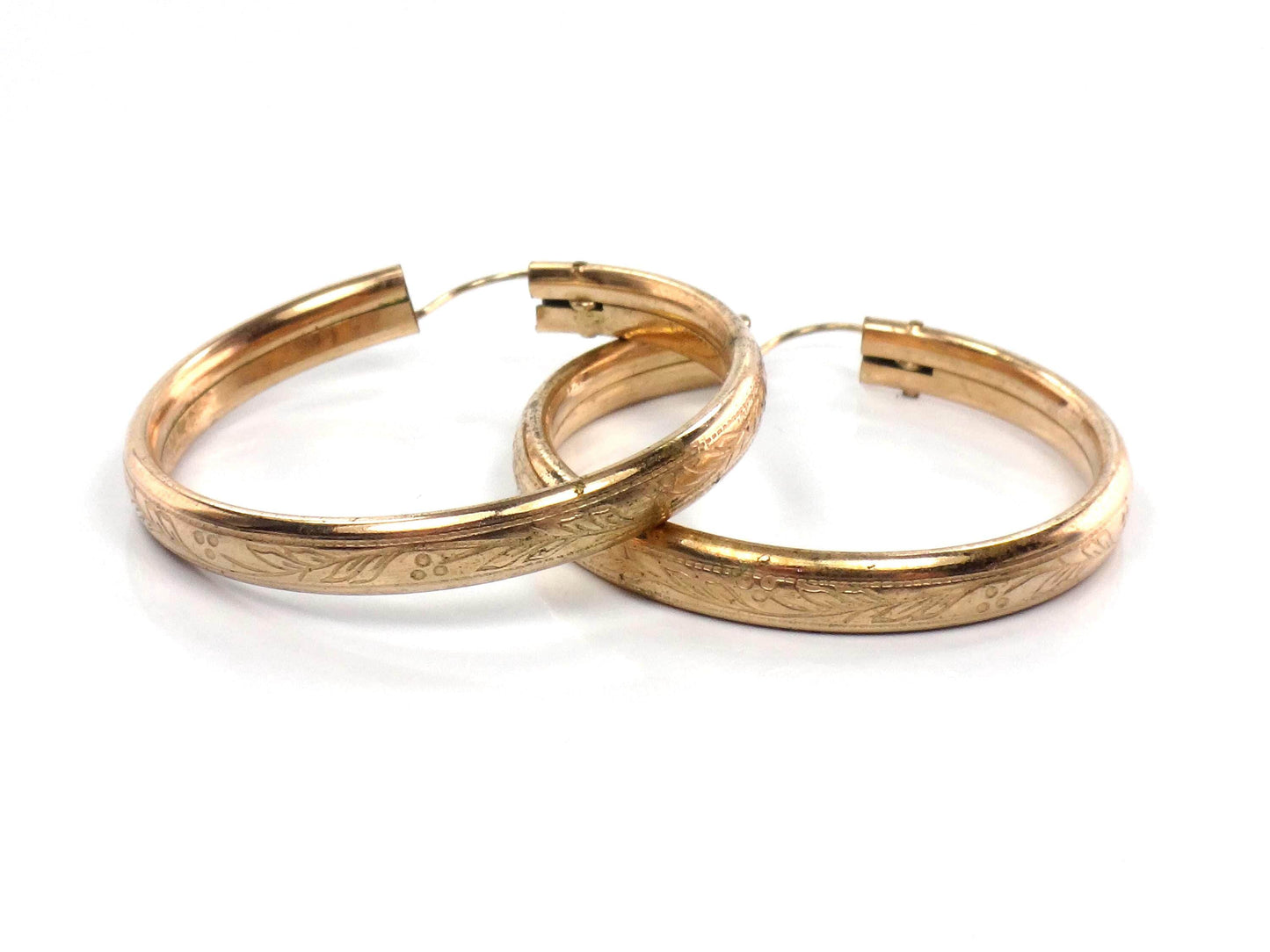 Vintage Gold Tone Round Floral Etched Hoop Earrings, 1 3/8" Circa 1950s