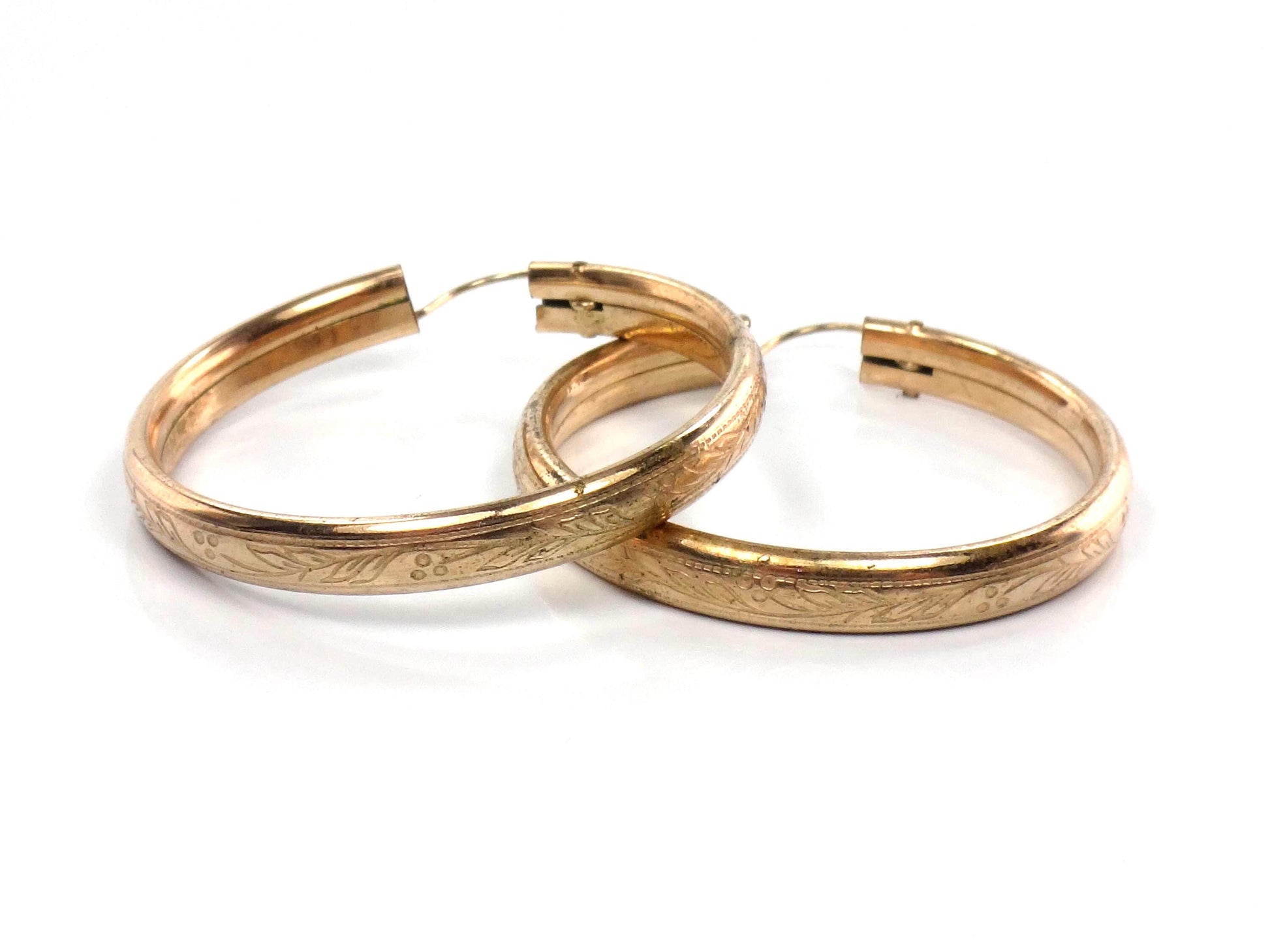 Vintage Gold Tone Round Floral Etched Hoop Earrings, 1 3/8" Circa 1950s