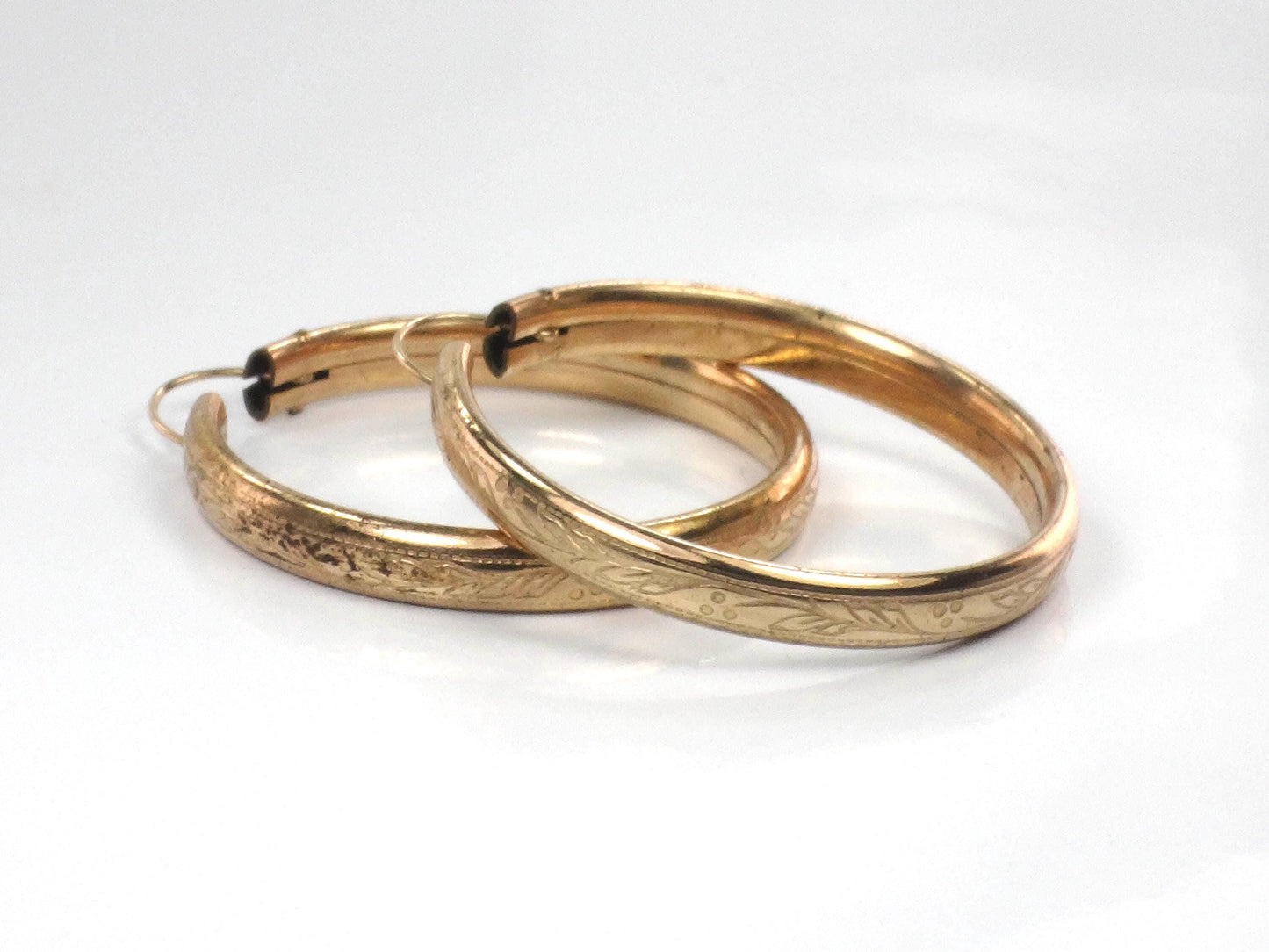 Vintage Gold Tone Round Floral Etched Hoop Earrings, 1 3/8" Circa 1950s