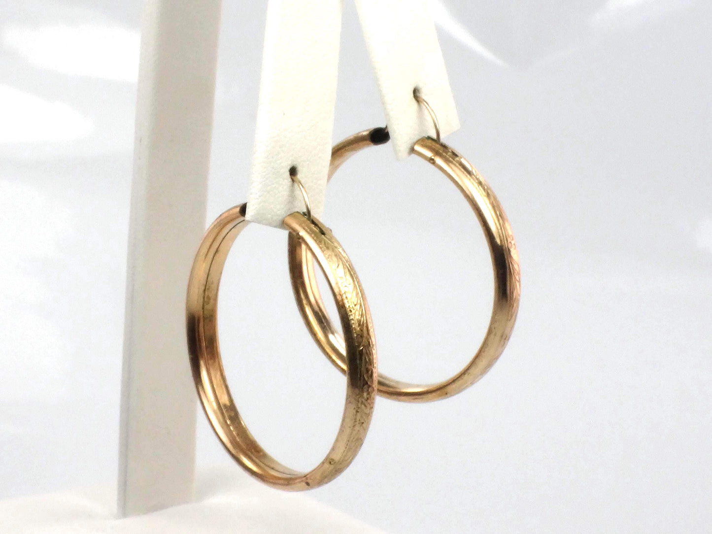 Vintage Gold Tone Round Floral Etched Hoop Earrings, 1 3/8" Circa 1950s