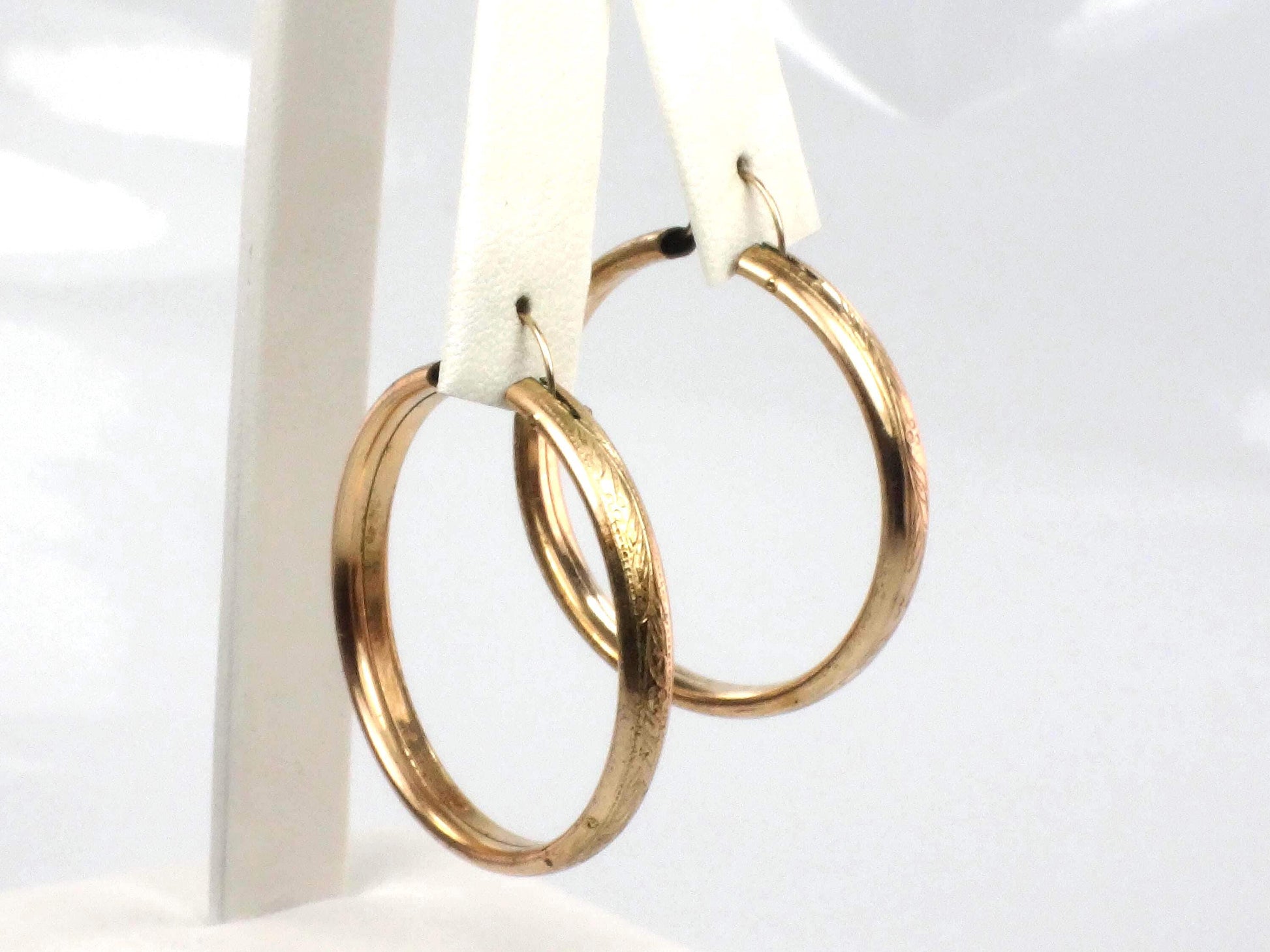 Vintage Gold Tone Round Floral Etched Hoop Earrings, 1 3/8" Circa 1950s