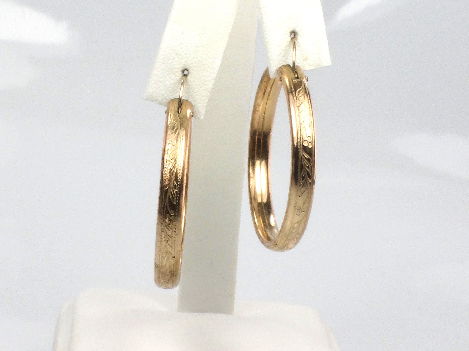 Vintage Gold Tone Round Floral Etched Hoop Earrings, 1 3/8" Circa 1950s
