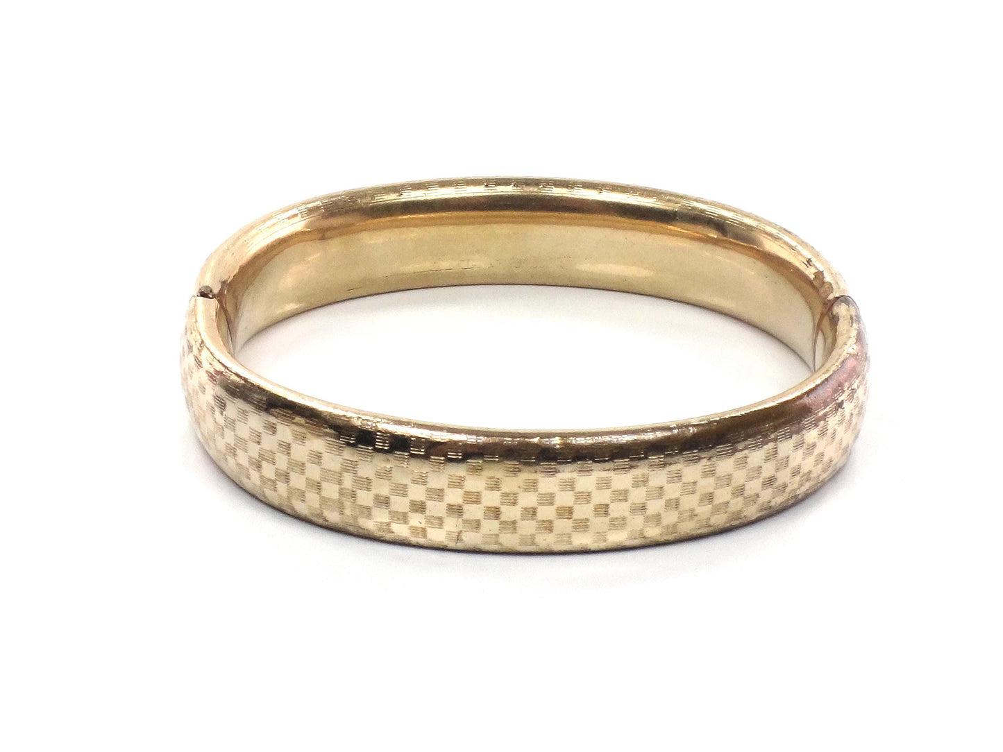 Vintage Hinged Bangle Bracelet with Checkerboard Finish: Rolled Gold Plate FTP Co