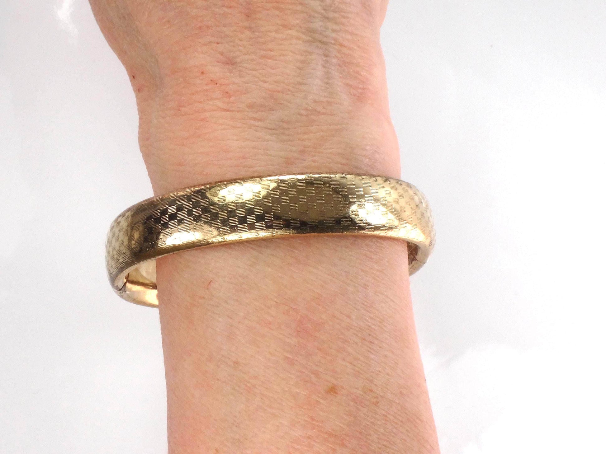 Vintage Hinged Bangle Bracelet with Checkerboard Finish: Rolled Gold Plate FTP Co