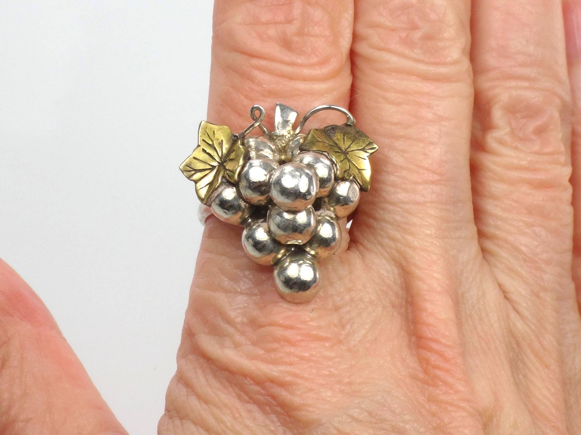 Vintage Sterling Silver Brass Grape Cluster Ring, Size 8