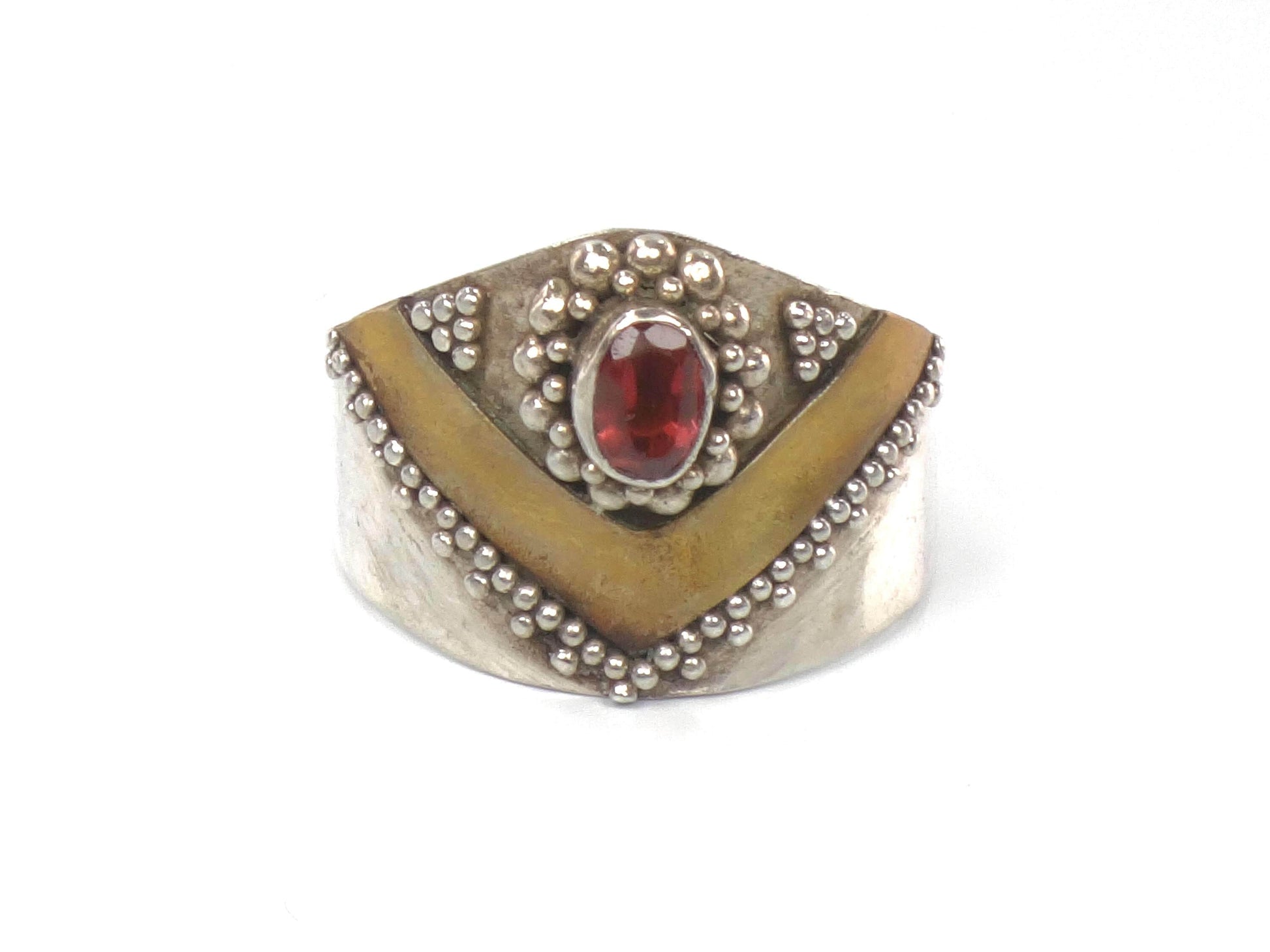 Vintage Sterling Silver Brass Garnet Ring: Bohemian Style, Size 6.5