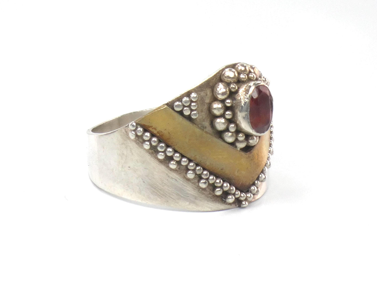 Vintage Sterling Silver Brass Garnet Ring: Bohemian Style, Size 6.5