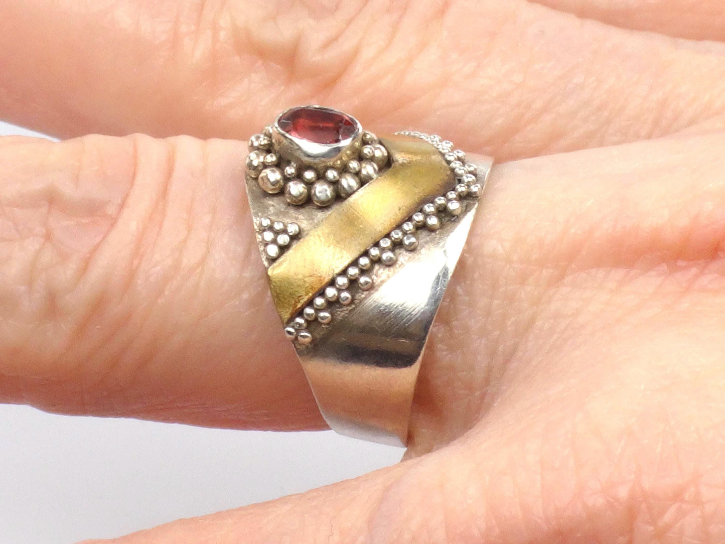 Vintage Sterling Silver Brass Garnet Ring: Bohemian Style, Size 6.5