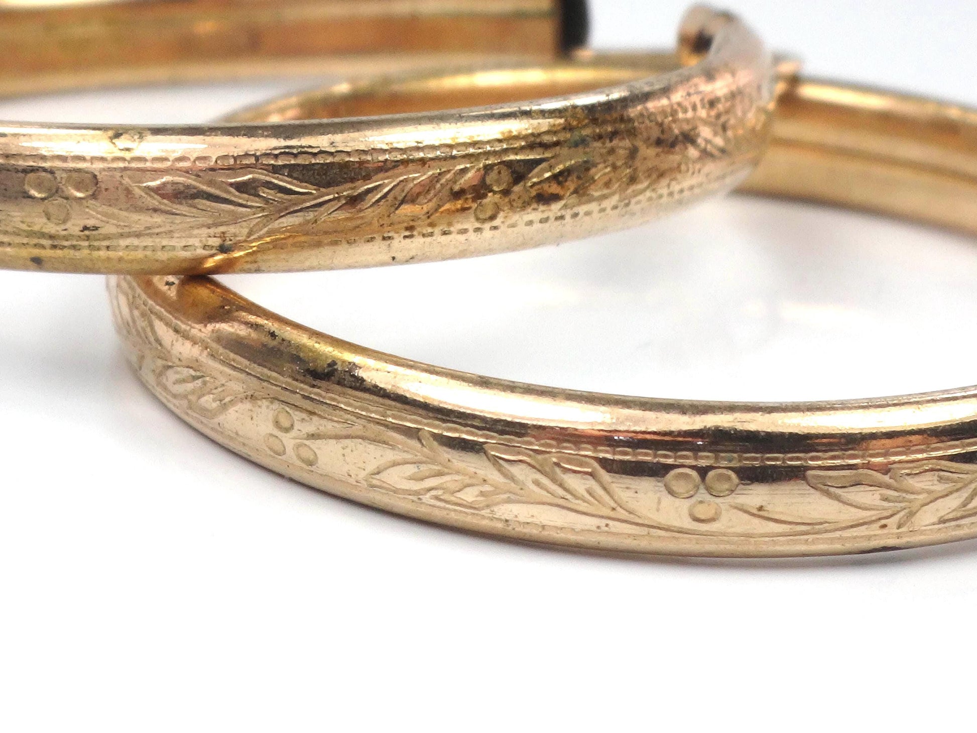 Vintage Gold Tone Round Floral Etched Hoop Earrings, 1 3/8" Circa 1950s
