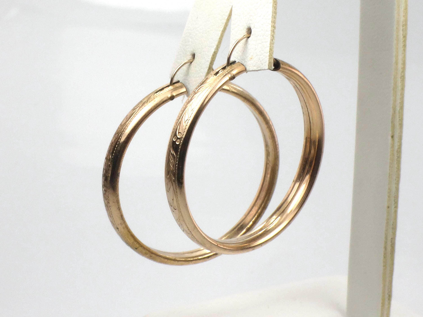 Vintage Gold Tone Round Floral Etched Hoop Earrings, 1 3/8" Circa 1950s