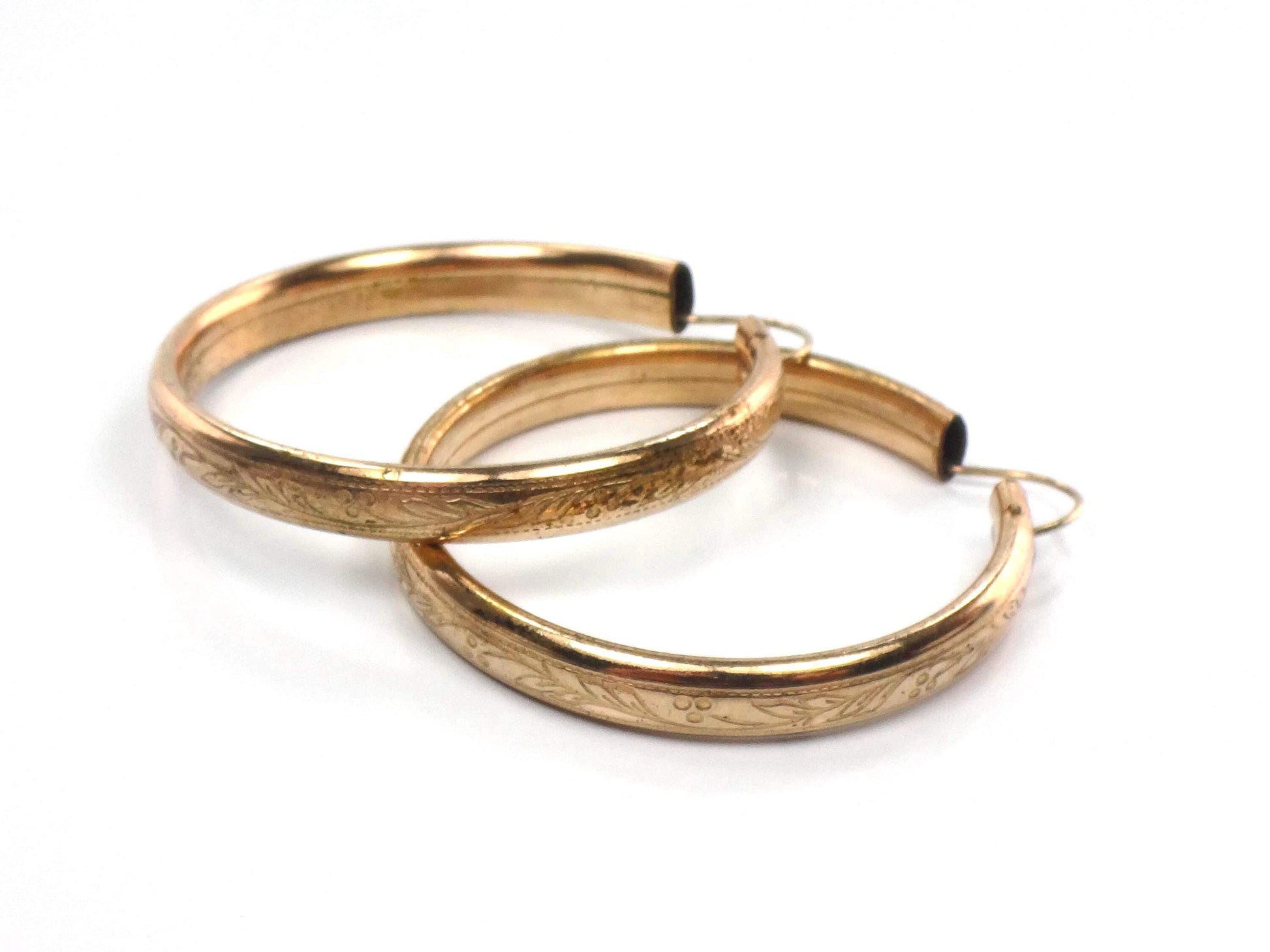 Vintage Gold Tone Round Floral Etched Hoop Earrings, 1 3/8" Circa 1950s