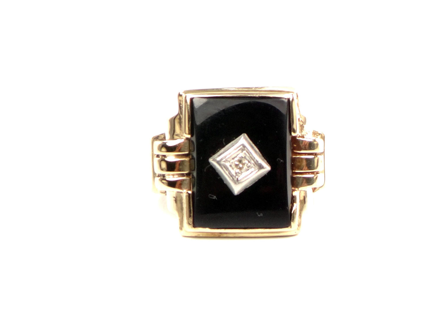 Vintage 10k Yellow Gold Rectangle Onyx and Diamond Ring: Men's, Size 10.25