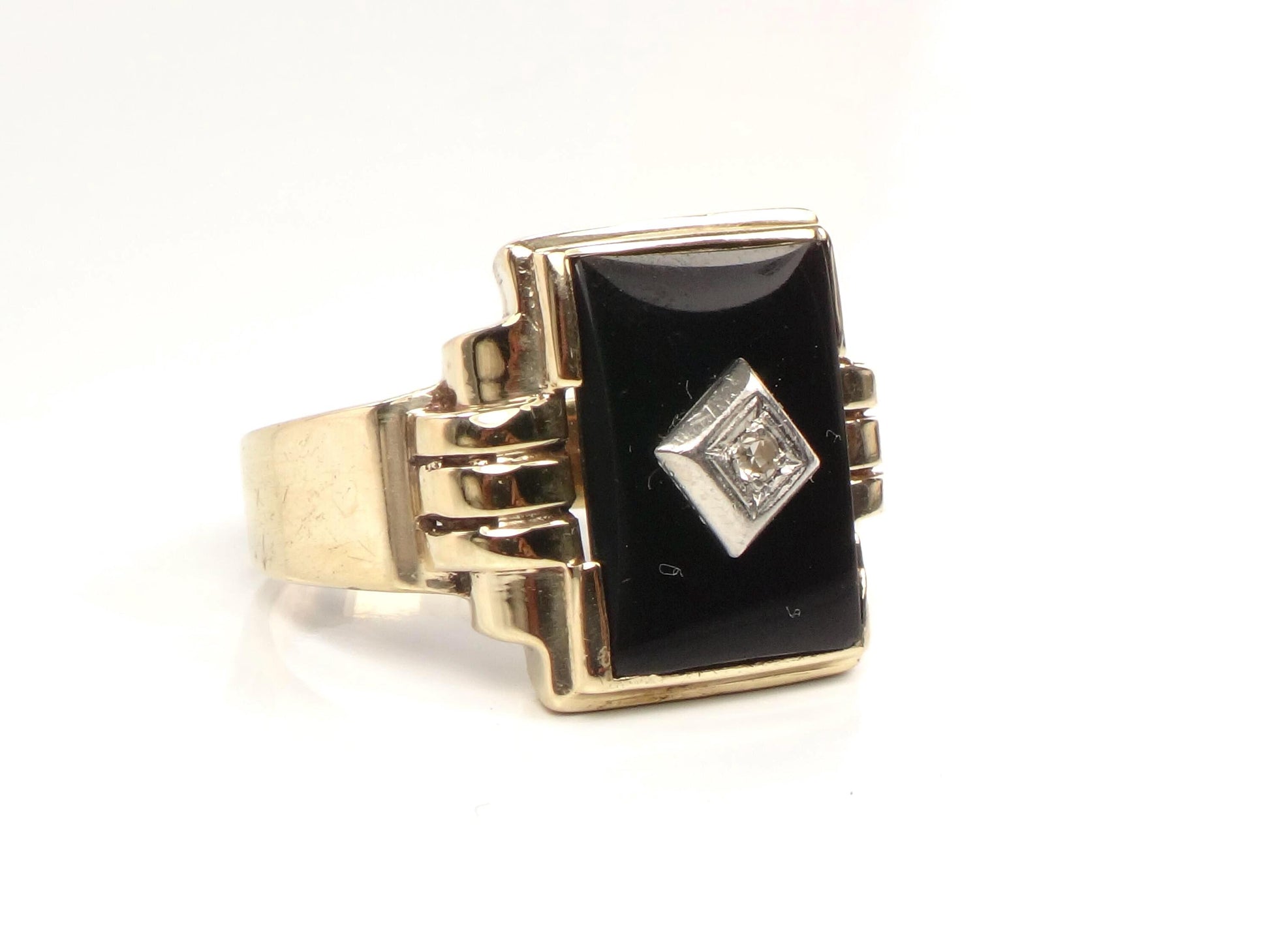 Vintage 10k Yellow Gold Rectangle Onyx and Diamond Ring: Men's, Size 10.25