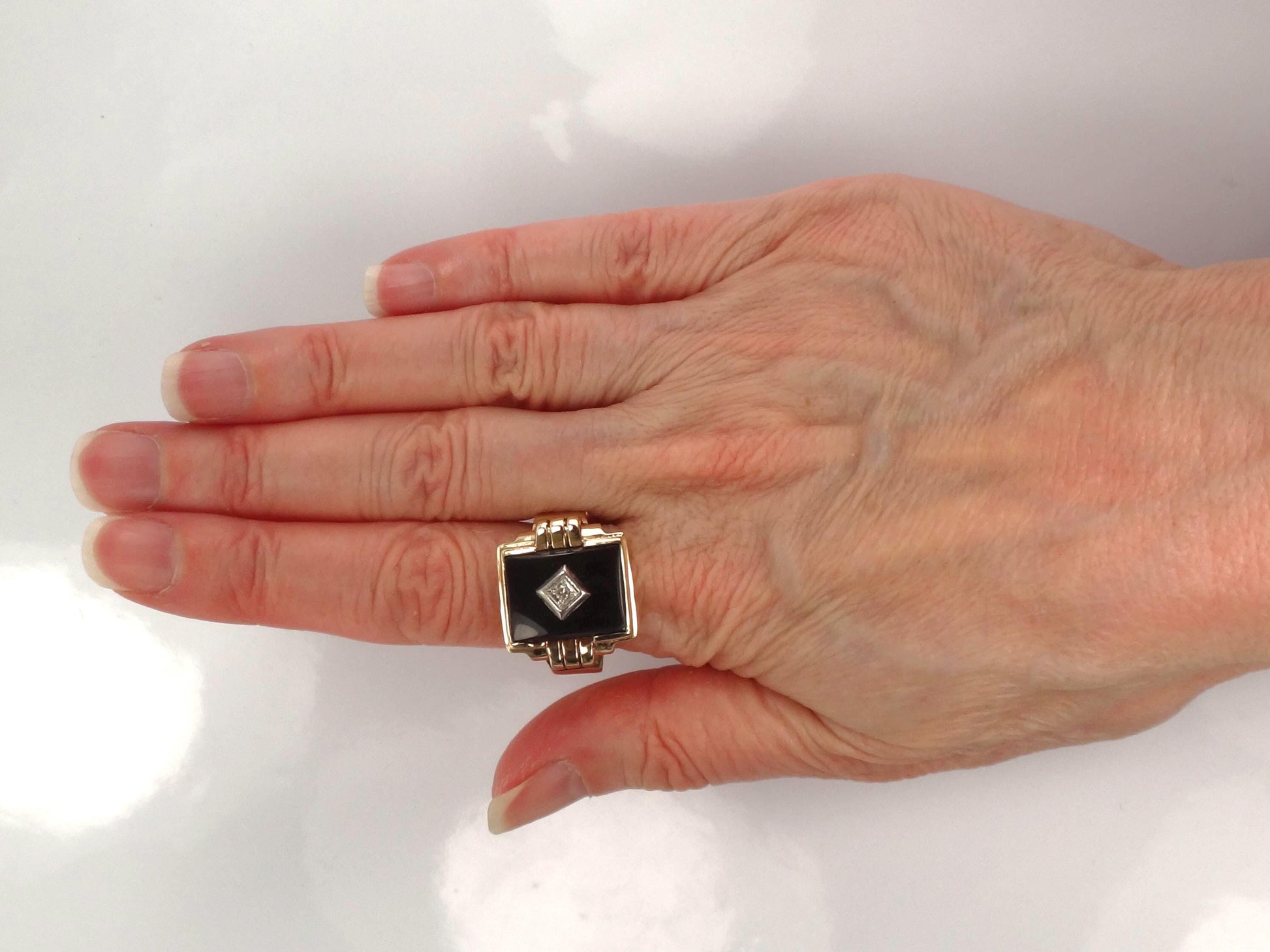 Vintage 10k Yellow Gold Rectangle Onyx and Diamond Ring: Men's, Size 10.25