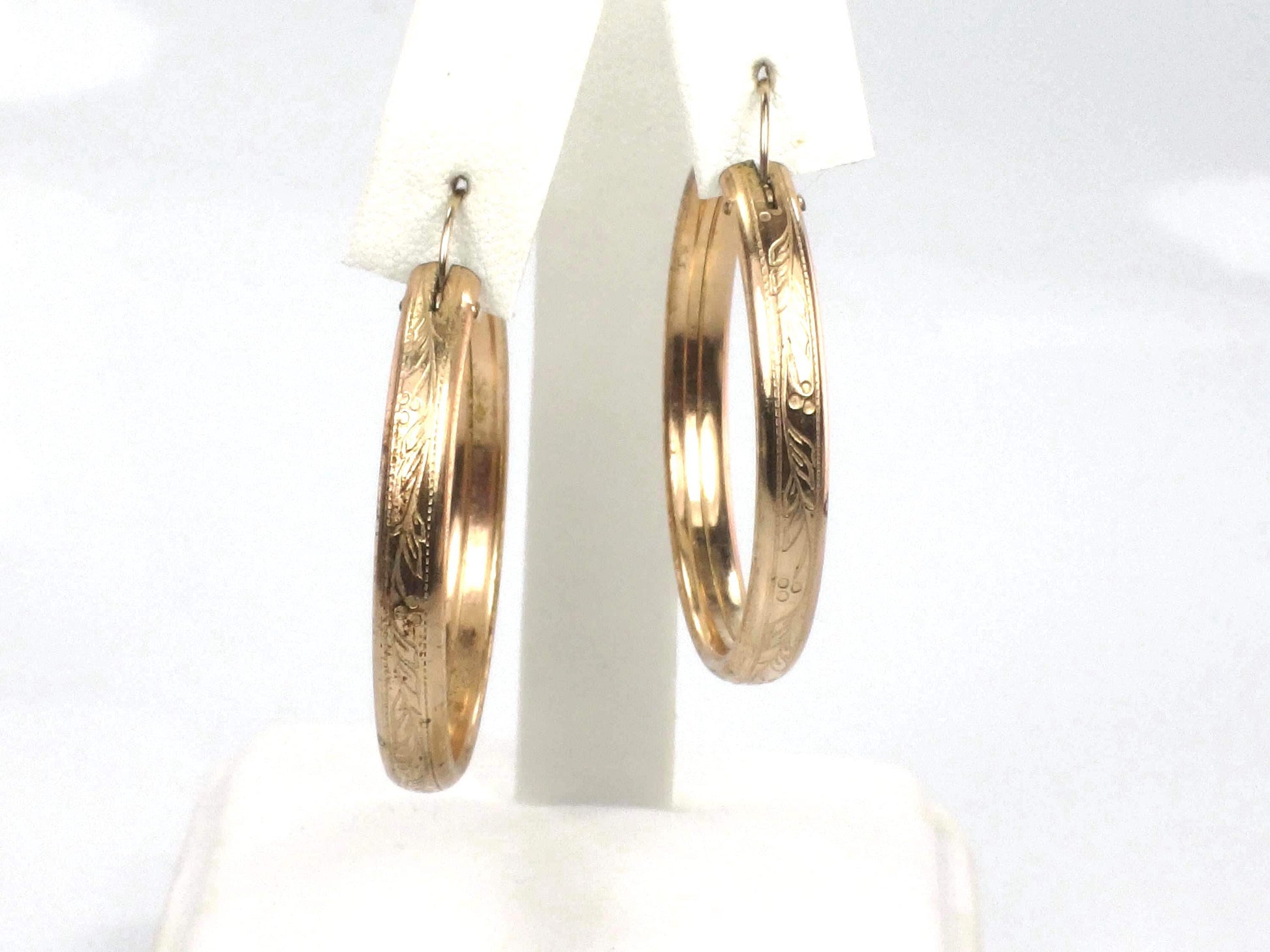 Vintage Gold Tone Round Floral Etched Hoop Earrings, 1 3/8" Circa 1950s