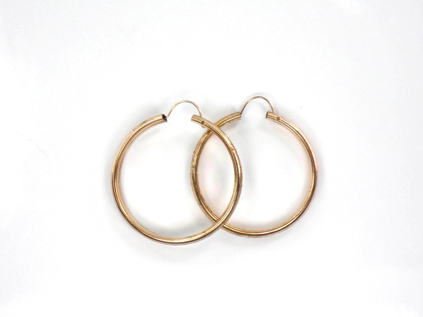 Vintage Gold Tone Round Floral Etched Hoop Earrings, 1 3/8" Circa 1950s