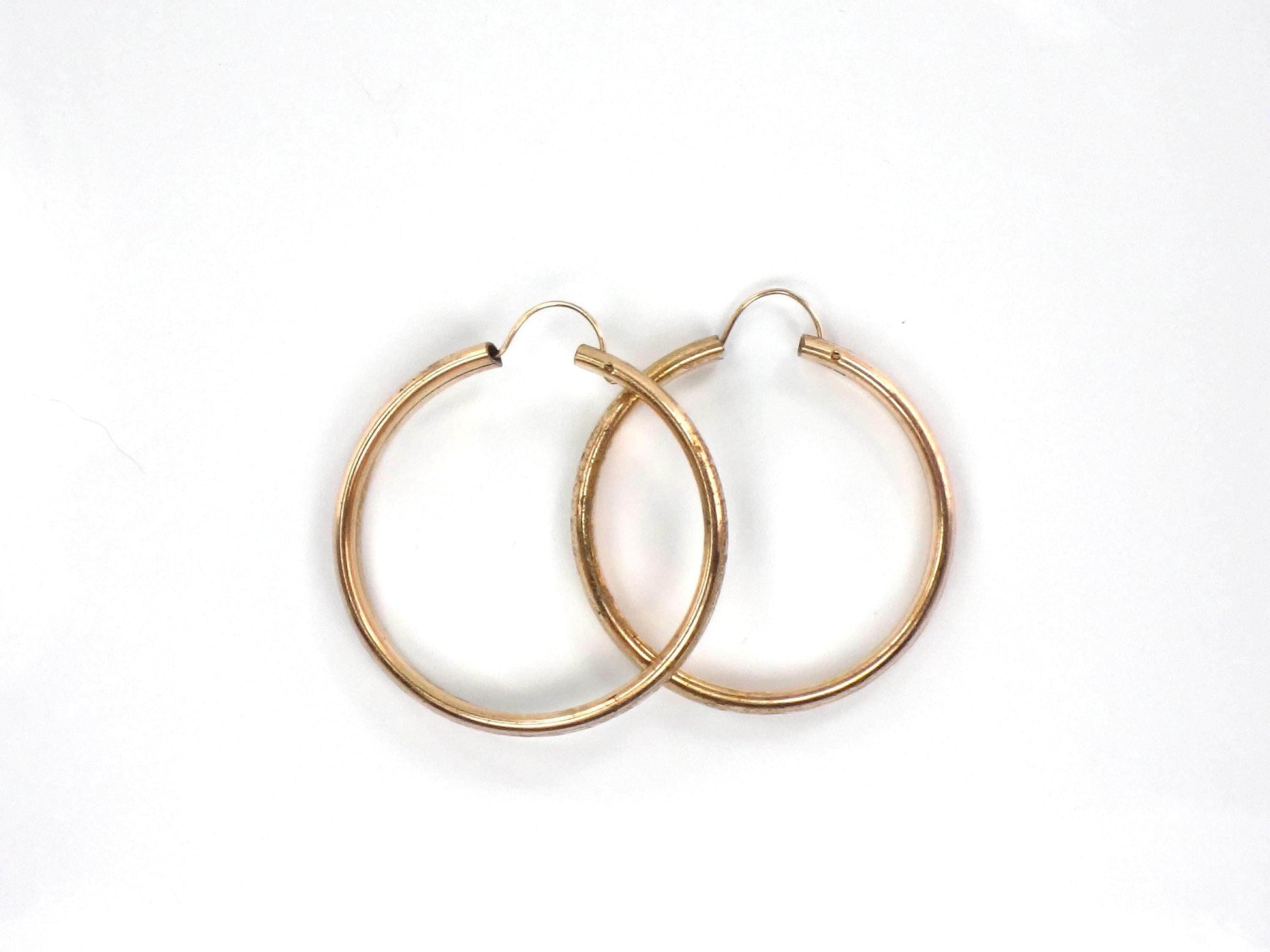 Vintage Gold Tone Round Floral Etched Hoop Earrings, 1 3/8" Circa 1950s