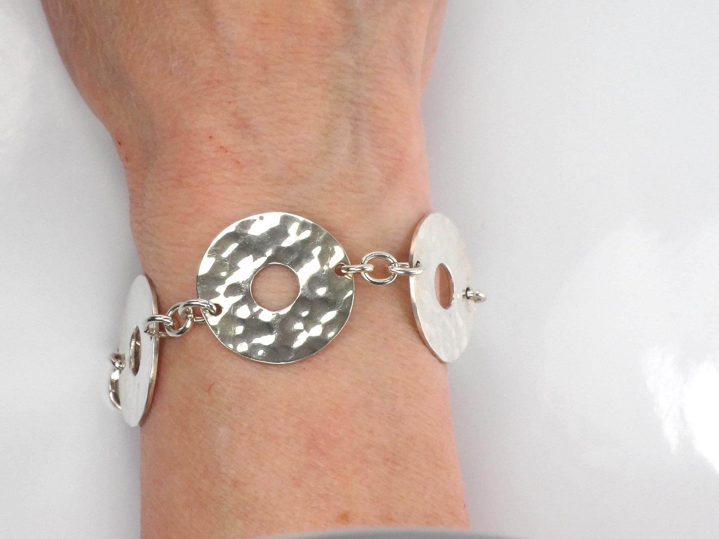 Vintage Hammered Discs Sterling Silver Bracelet: Mexico, 7 3/8"