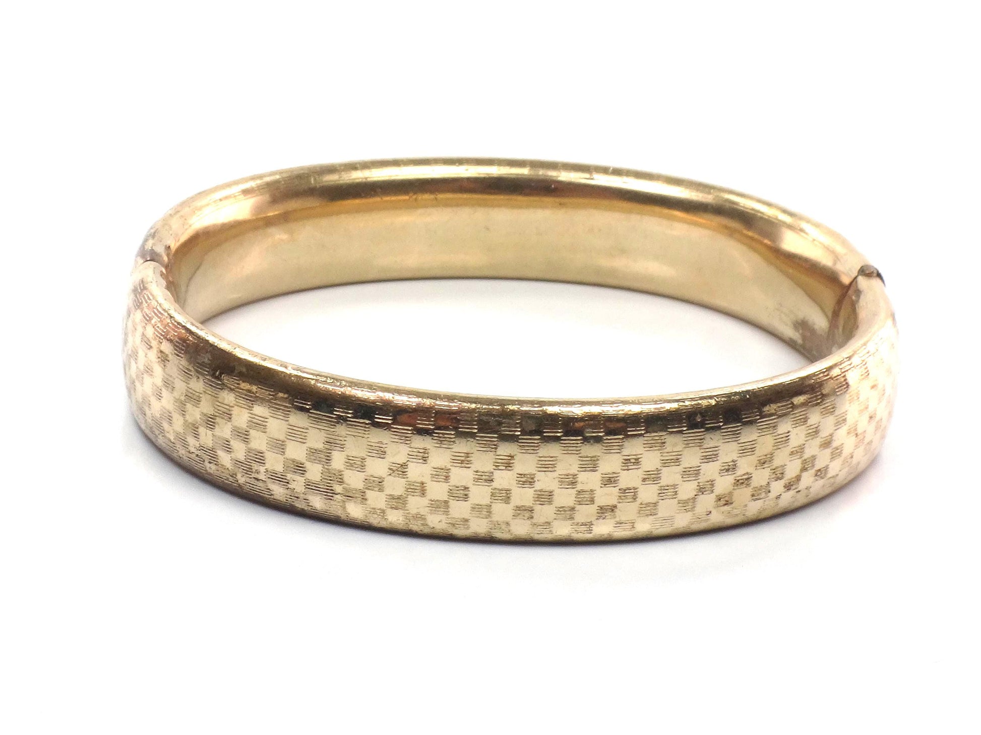 Vintage Hinged Bangle Bracelet with Checkerboard Finish: Rolled Gold Plate FTP Co