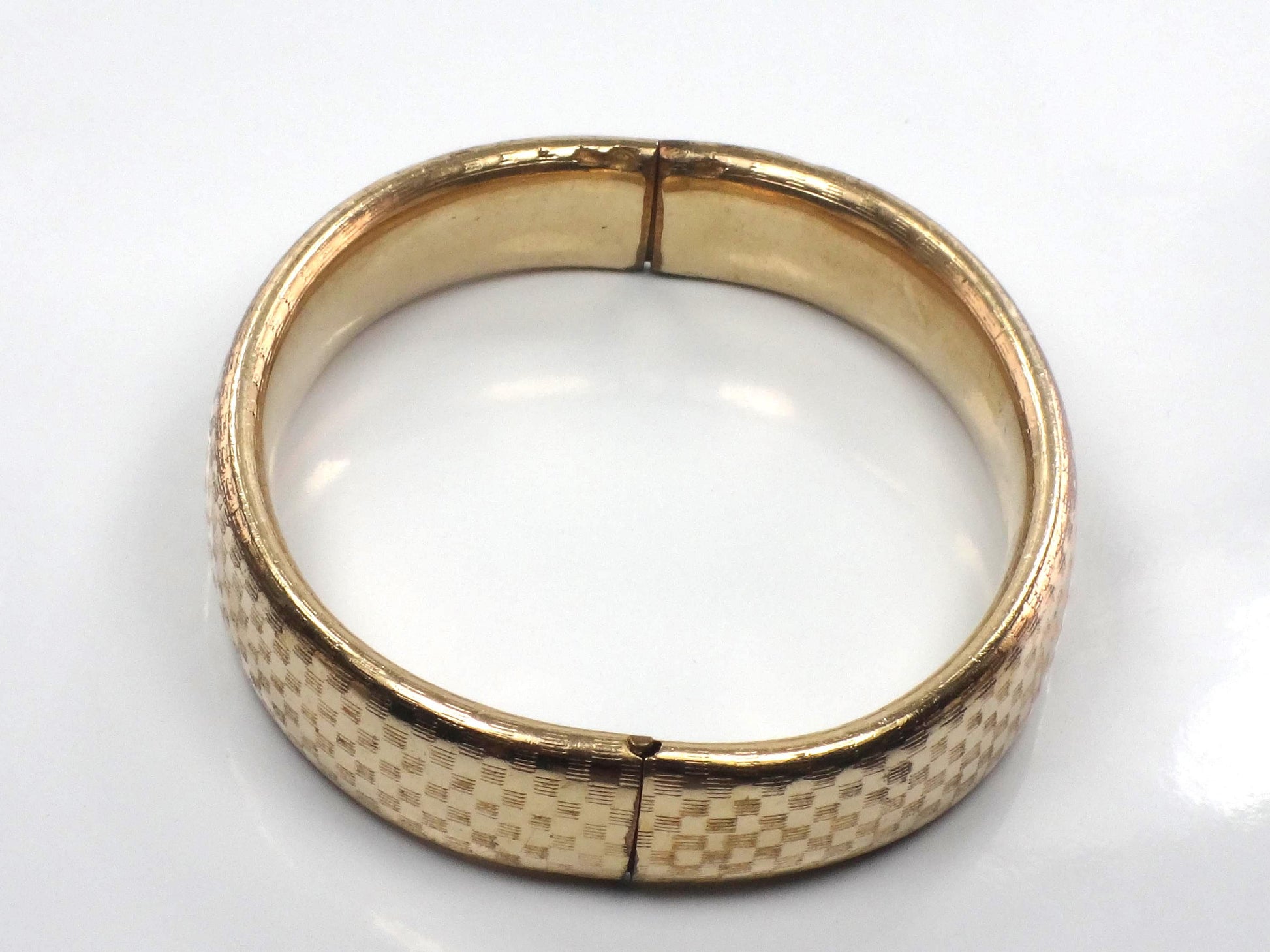 Vintage Hinged Bangle Bracelet with Checkerboard Finish: Rolled Gold Plate FTP Co