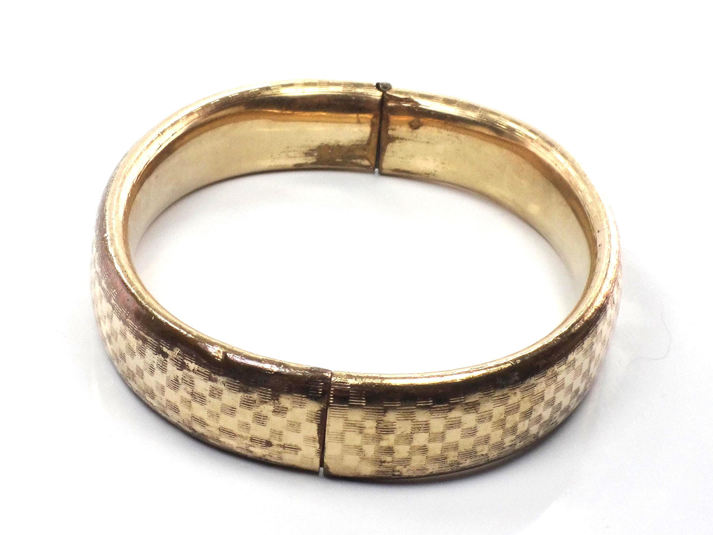 Vintage Hinged Bangle Bracelet with Checkerboard Finish: Rolled Gold Plate FTP Co